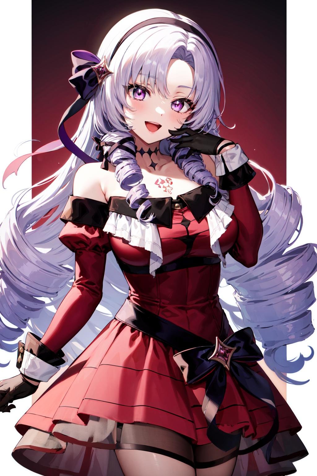 masterpiece, best quality, highres, hmsalome, drill hair, parted bangs, black hairband, ribbon, purple eyes, large breasts, tattoo, red dress, long sleeves, bare shoulders, black gloves, <lora:hyakumantenbara_salome_v1:0.8>, cowboy shot, ojou-sama pose, smile, open mouth, hand on own face, 