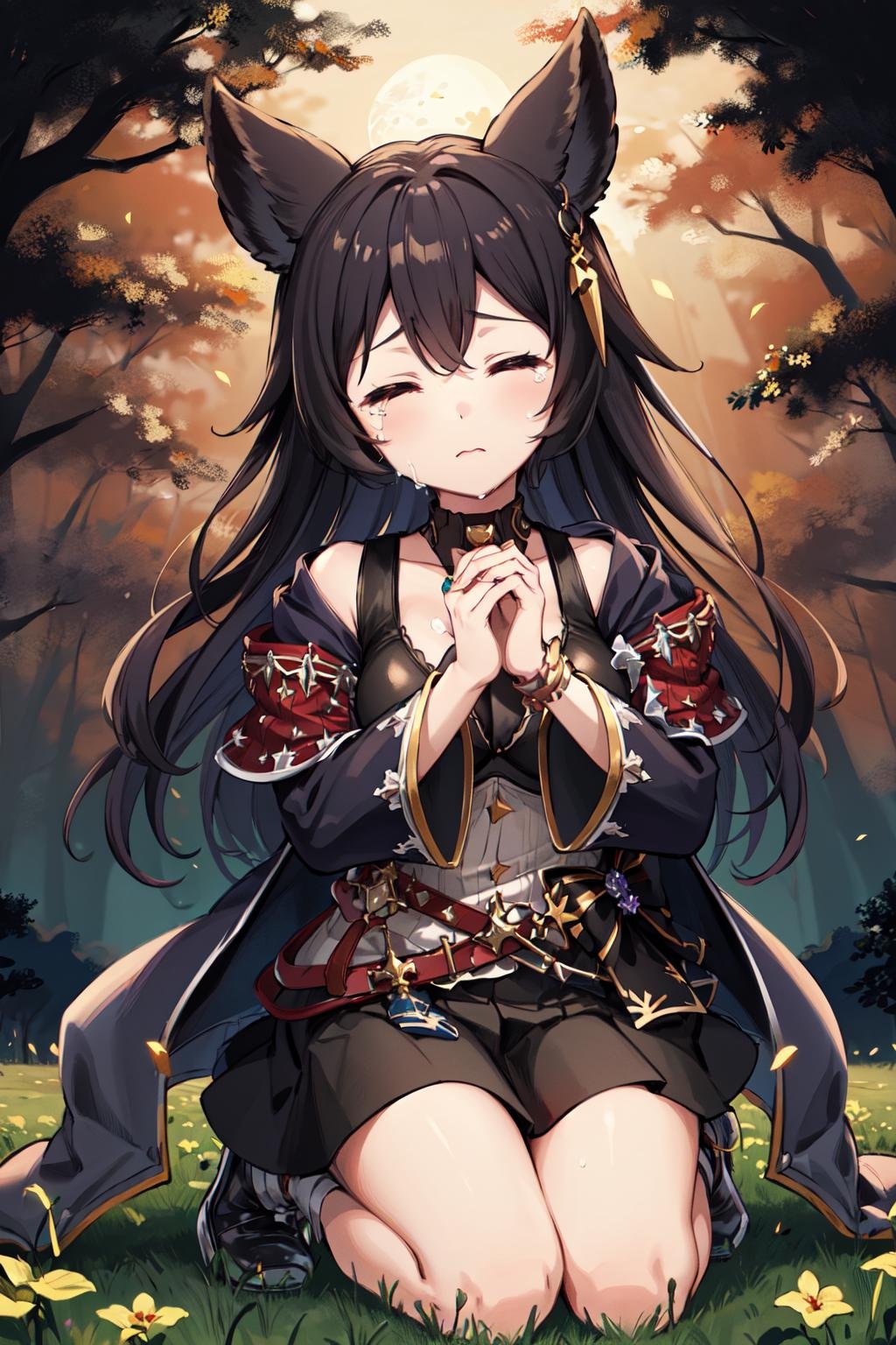 masterpiece, best quality, highres, hmnier, animal ears, ear piercing, choker, jewelry, dress, cleavage, jacket, long sleeves, belt, black skirt, <lora:nier_(granblue_fantasy)_v1:0.7>, dark background, night, field, kneeling, closed eyes, tears, own hands together,