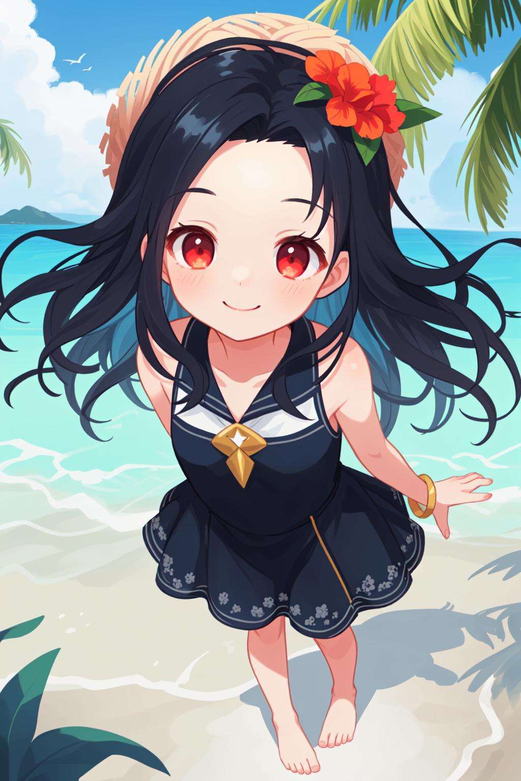 (masterpiece),(best quality),(ultra-detailed),illustration,Dynamic angle,1girl,game character portrait,colorful,beautiful detailed eyes,portrait,colorful,translucent hair,(glowing inner hair),the perfect appearance,black hair,dull red eyes,long hair,cloud,navy blue sleeveless dress,summer,sea,Flower hat,smile,looking at viewer,(from above:1.2),style of final fantasy,arms behind back,beach,hairpin,(wreath on head),coconut tree,(bracelet),(barefoot sandals),looking at viewer,floating hair,sideburns,forehead,