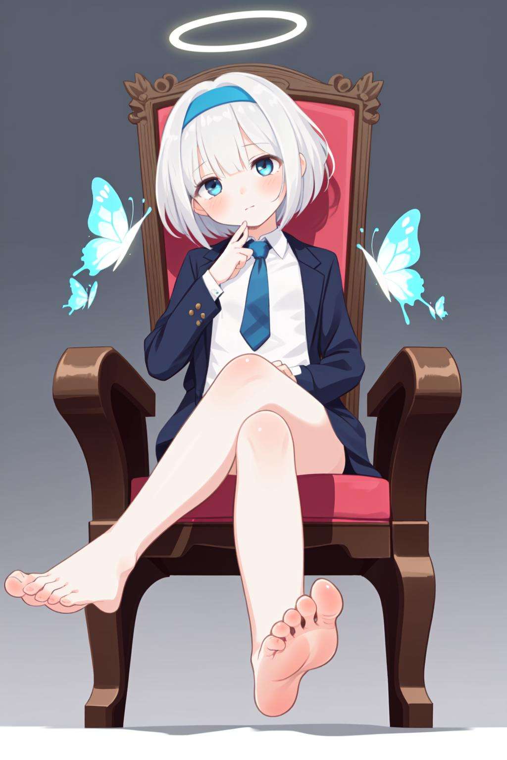 Masterpiece,best quality,top tier,1 girl,viewed from below (with feet focused),medium chest,hollow eyes,annoying face,sitting in a chair (with bare feet),A simple background,Arona (blue file ),arona,white hair band,butterfly tie hair band,halo,butterfly tie hair band,short hair,single braid,