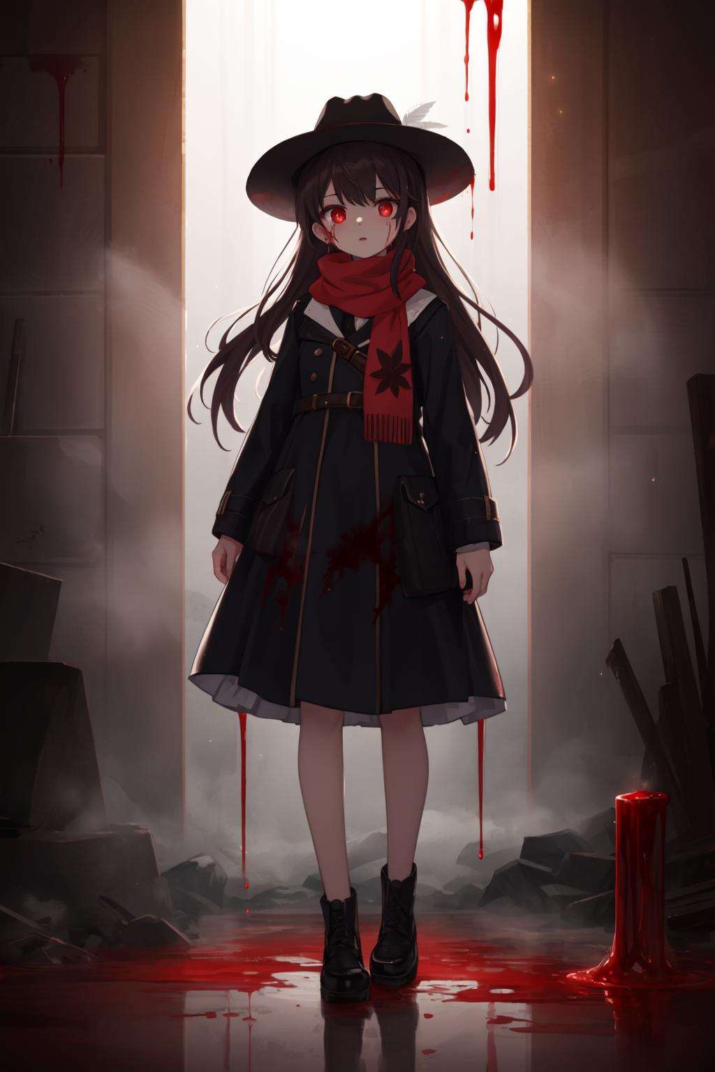 ((best quality)),(((masterpiece))),(highres),original,extremely detailed 8K wallpaper,[an extremely delicate and beautiful girl who with dark red long hair,dress,scarf,feather and cowboy hat],(beautiful detailed red eyes:1.1),solo,full body,yandere,deranged,((eyeshine, glittering eyes)),Alice Prin,official art,concept art,rayonism,(partial skin exposure:1.2),(oily skin:1.3),(reflective skin:1.1),Blood Mist,blood sakura,Blood Rain,beautiful deatailed shadow,Splashing blood,dust,many feathers,light shafts,good lighting,steampunk,