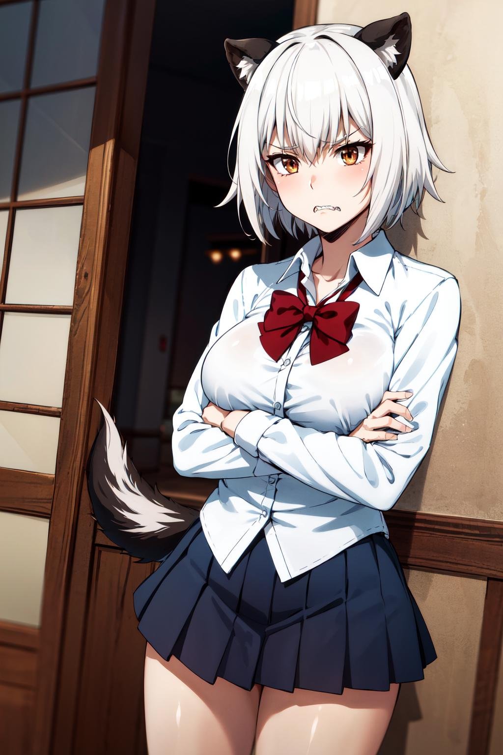 masterpiece, best quality, highres, 1girl, solo, animal ears, white hair, short hair, brown eyes, tail, large breasts, school uniform, white shirt, skirt, bowtie, red bow, <lora:uzaki_hitomi_v1:0.6>, standing, cowboy shot, frown, crossed arms, sharp teeth, 