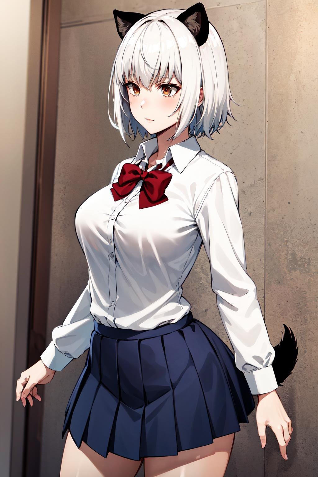 masterpiece, best quality, highres, 1girl, solo, animal ears, white hair, short hair, brown eyes, tail, large breasts, school uniform, white shirt, skirt, bowtie, red bow, <lora:uzaki_hitomi_v1:0.6>, standing, cowboy shot