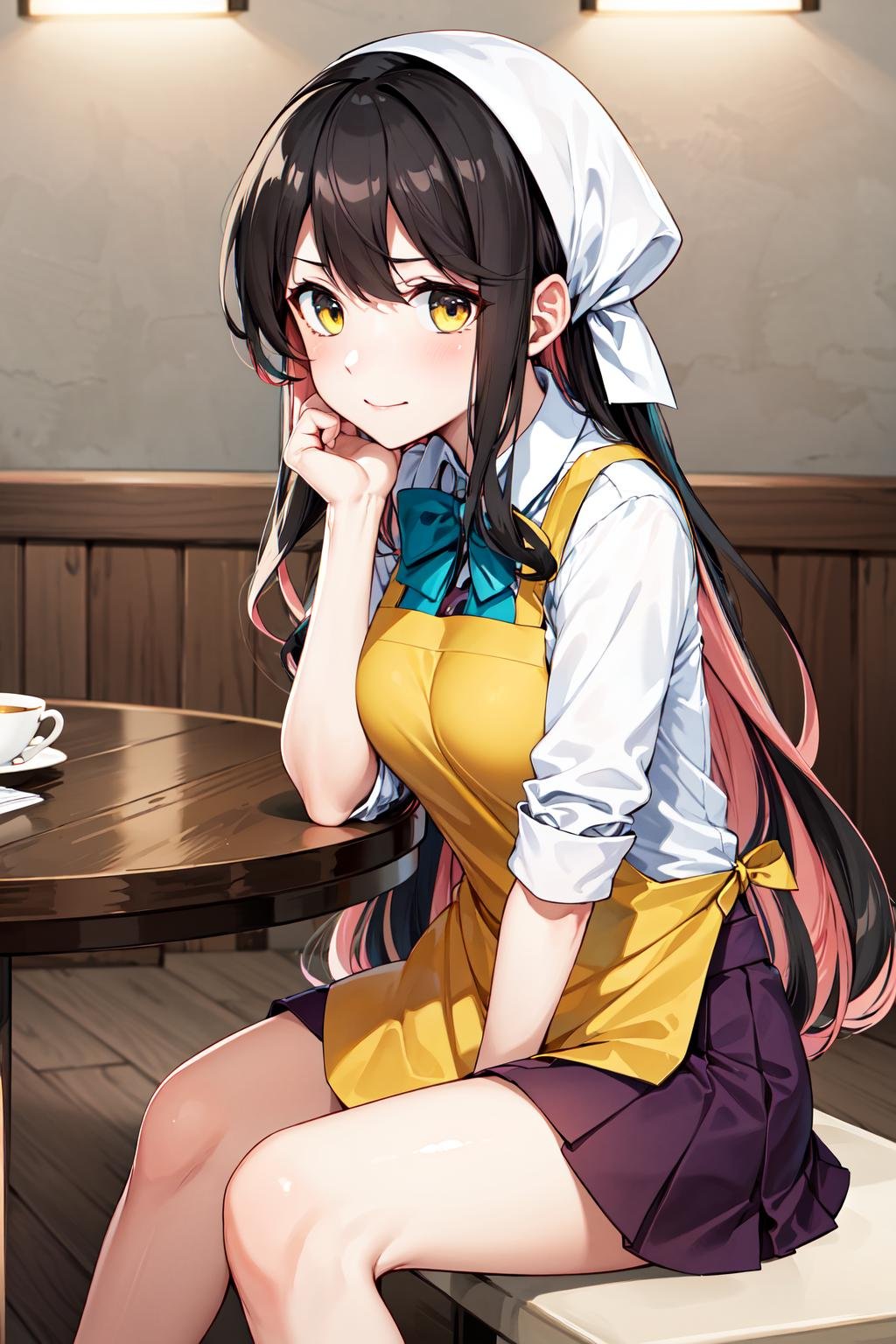 masterpiece, best quality, highres, hmngnm, naganami \(kancolle\), multicolored hair, head scarf, white shirt, aqua bowtie, sleeves rolled up, yellow apron, purple skirt, <lora:naganami_(kancolle)_v1:0.7>, table, sitting, hand on own chin,