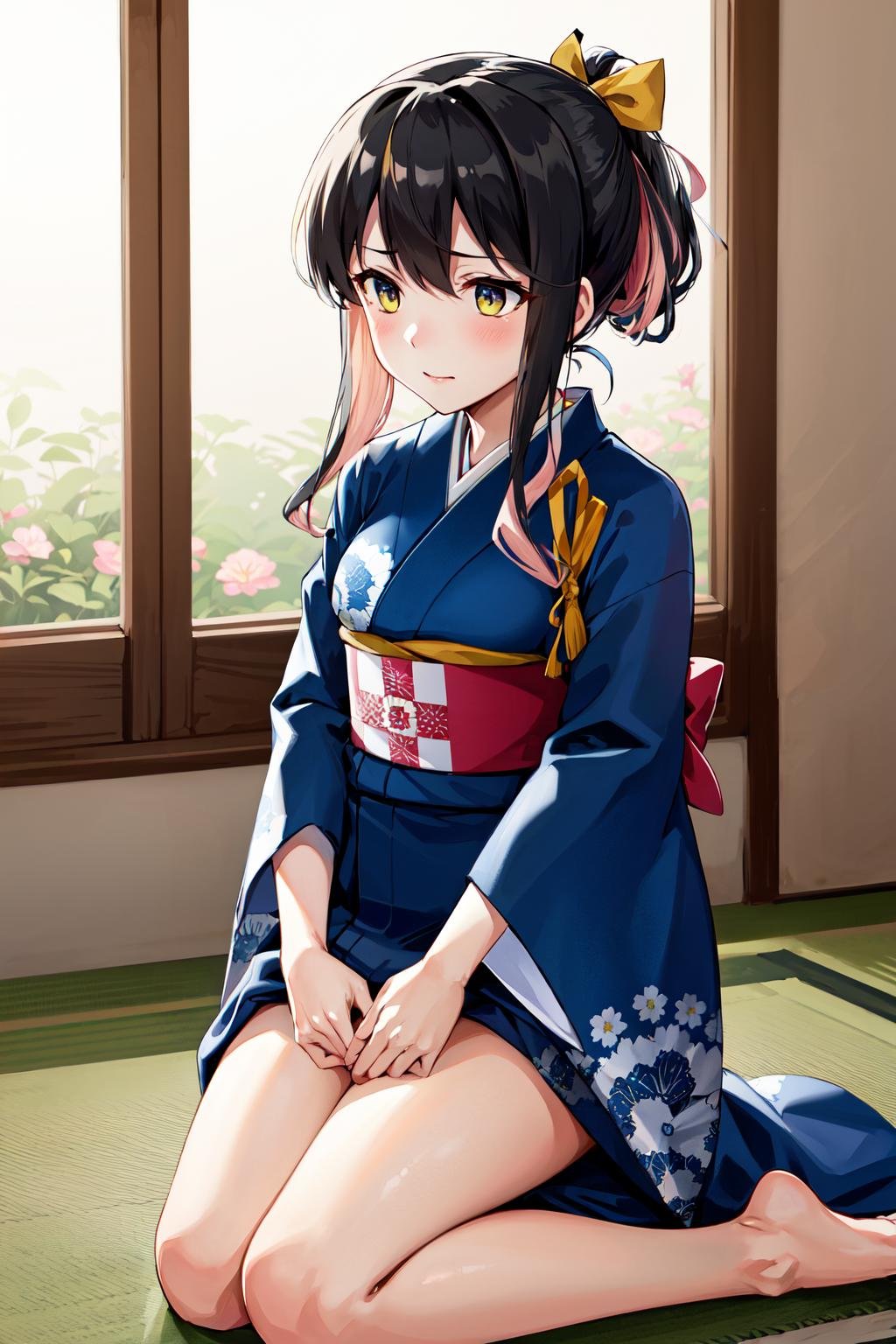 masterpiece, best quality, highres, hmngnm, naganami \(kancolle\), multicolored hair, ponytail, hair ribbon, japanese clothes, long sleeves,  wide sleeves, blue kimono, floral print, obi, <lora:naganami_(kancolle)_v1:0.7>, standing, kneeling, indoors