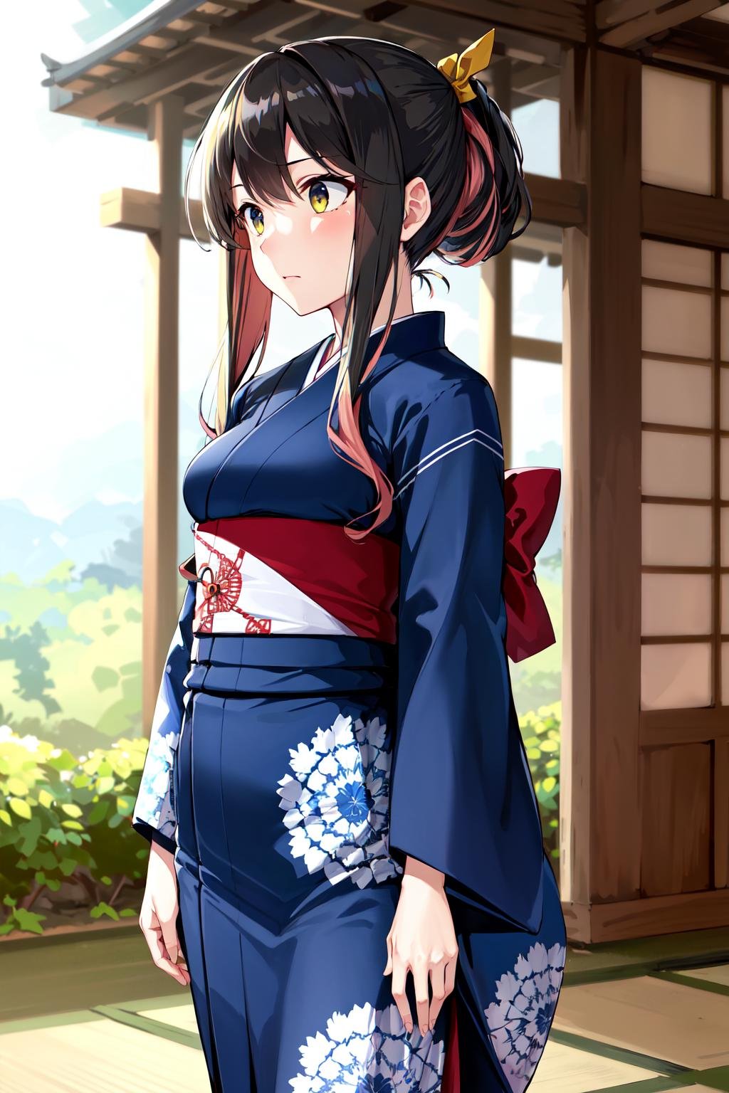 masterpiece, best quality, highres, hmngnm, naganami \(kancolle\), multicolored hair, ponytail, hair ribbon, japanese clothes, long sleeves,  wide sleeves, blue kimono, floral print, obi, <lora:naganami_(kancolle)_v1:0.7>, standing, cowboy shot, straight-on, arms at sides, 