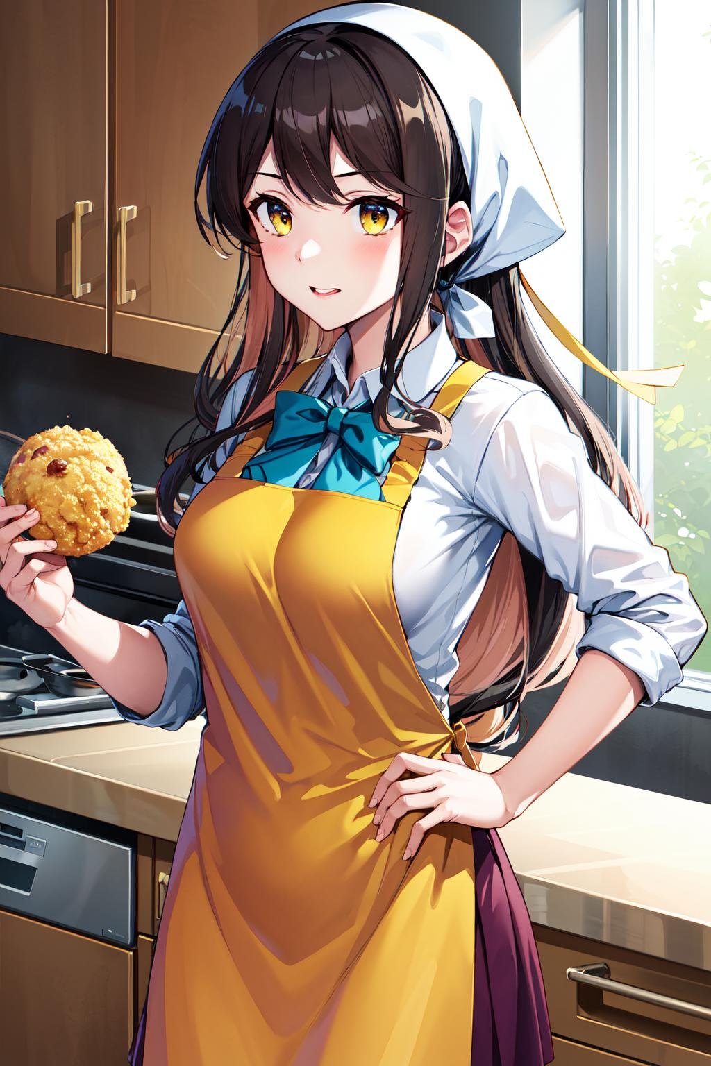 masterpiece, best quality, highres, hmngnm, naganami \(kancolle\), multicolored hair, head scarf, white shirt, aqua bowtie, sleeves rolled up, yellow apron, purple skirt, <lora:naganami_(kancolle)_v1:0.7>, kitchen, holding food, food,