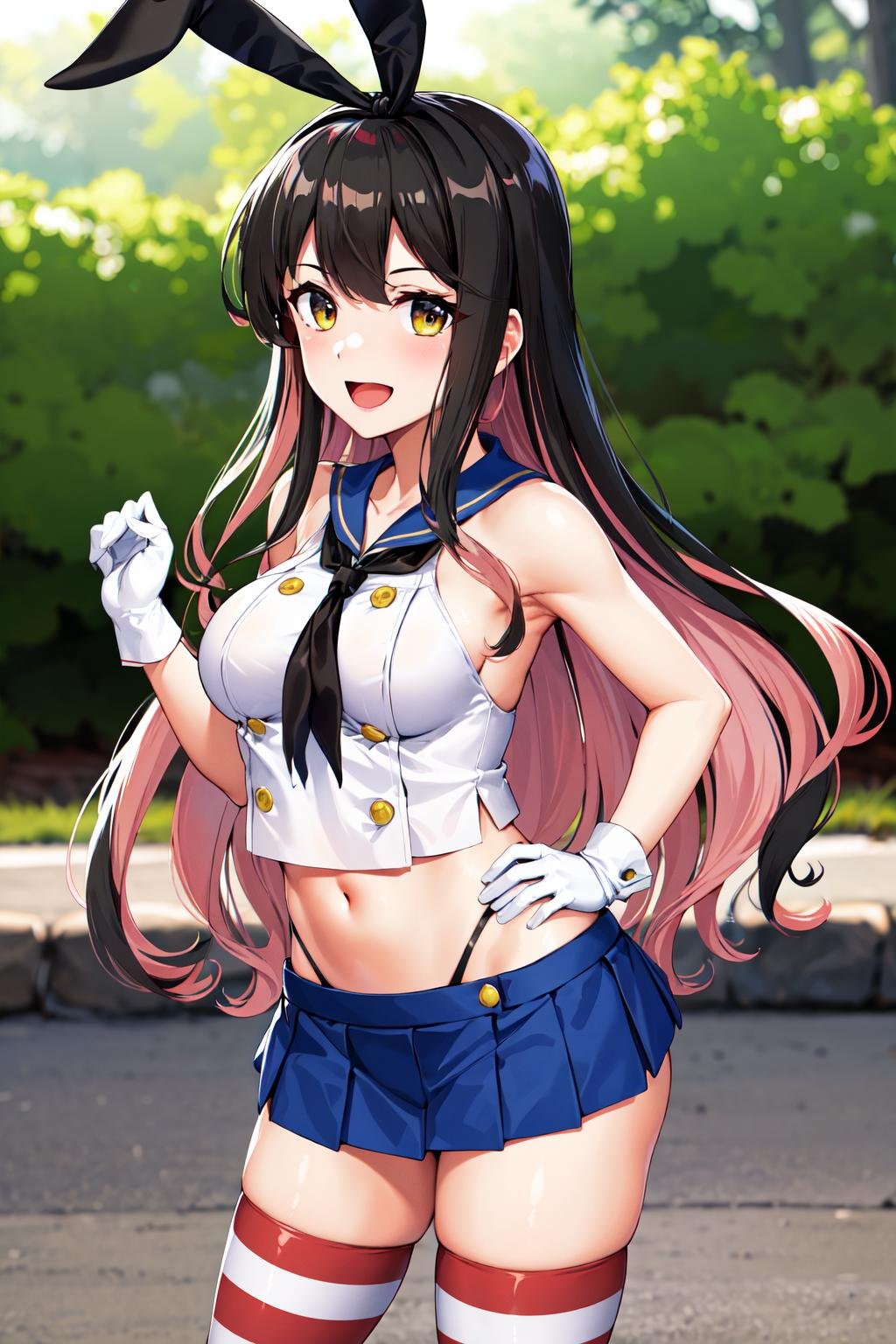 masterpiece, best quality, highres, hmngnm, naganami \(kancolle\), multicolored hair, shimakaze (kancolle) (cosplay), crop top, sleeveless, blue sailor collar, black neckerchief, white gloves, blue skirt, microskirt, striped thighhighs, underwear,  <lora:naganami_(kancolle)_v1:0.7>, open mouth, smile, hand on hip, outdoors