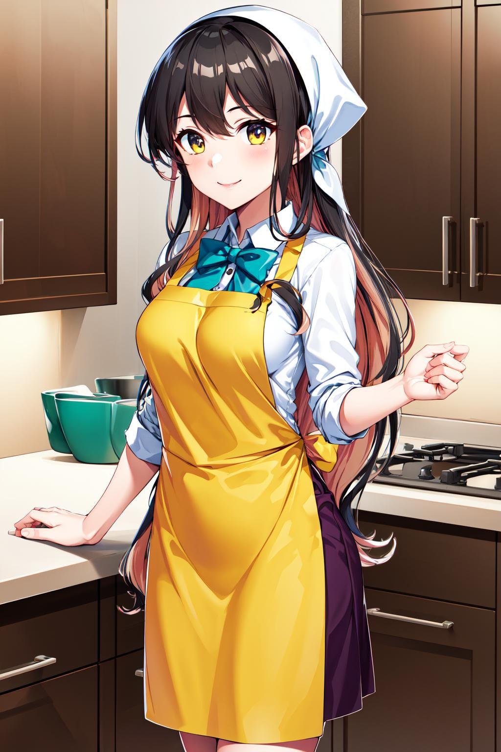 masterpiece, best quality, highres, hmngnm, naganami \(kancolle\), multicolored hair, head scarf, white shirt, aqua bowtie, sleeves rolled up, yellow apron, purple skirt, <lora:naganami_(kancolle)_v1:0.7>, kitchen, smile, standing, cowboy shot