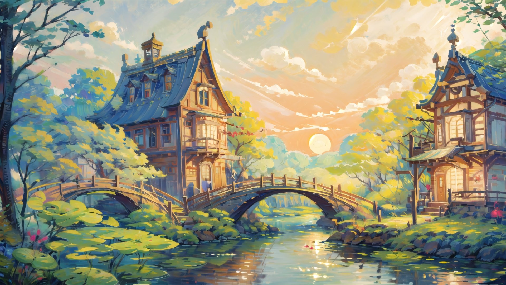  (((masterpiece))), ((extremely detailed CG unity 8k wallpaper)), best quality, high resolution illustration, Amazing, highres, intricate detail, (best illumination, best shadow, an extremely delicate and beautiful),

2D ConceptualDesign, scenery, lily pad, outdoors, sky, cloud, no humans, day, water, building, blue sky, tree, boat, watercraft, house, bridge, fantasy, Oil painting, bichu