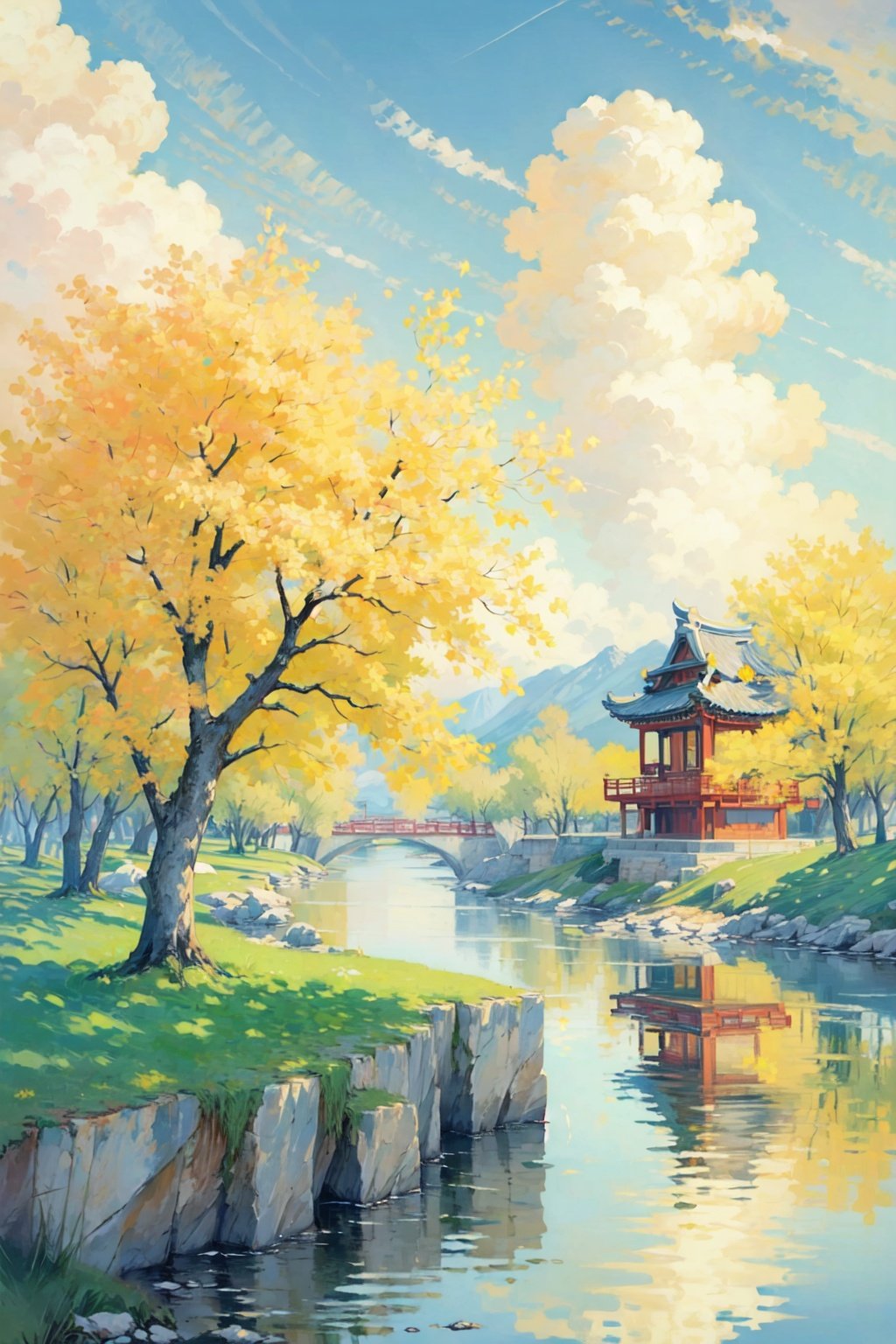  (((masterpiece))), ((extremely detailed CG unity 8k wallpaper)), best quality, high resolution illustration, Amazing, highres, intricate detail, (best illumination, best shadow, an extremely delicate and beautiful), 2D ConceptualDesign, scenery, outdoors, cloud, day, sky, tree, blue sky, mountain, landscape, water, backpack,(chinese new year:1.2), Oil painting, autumn