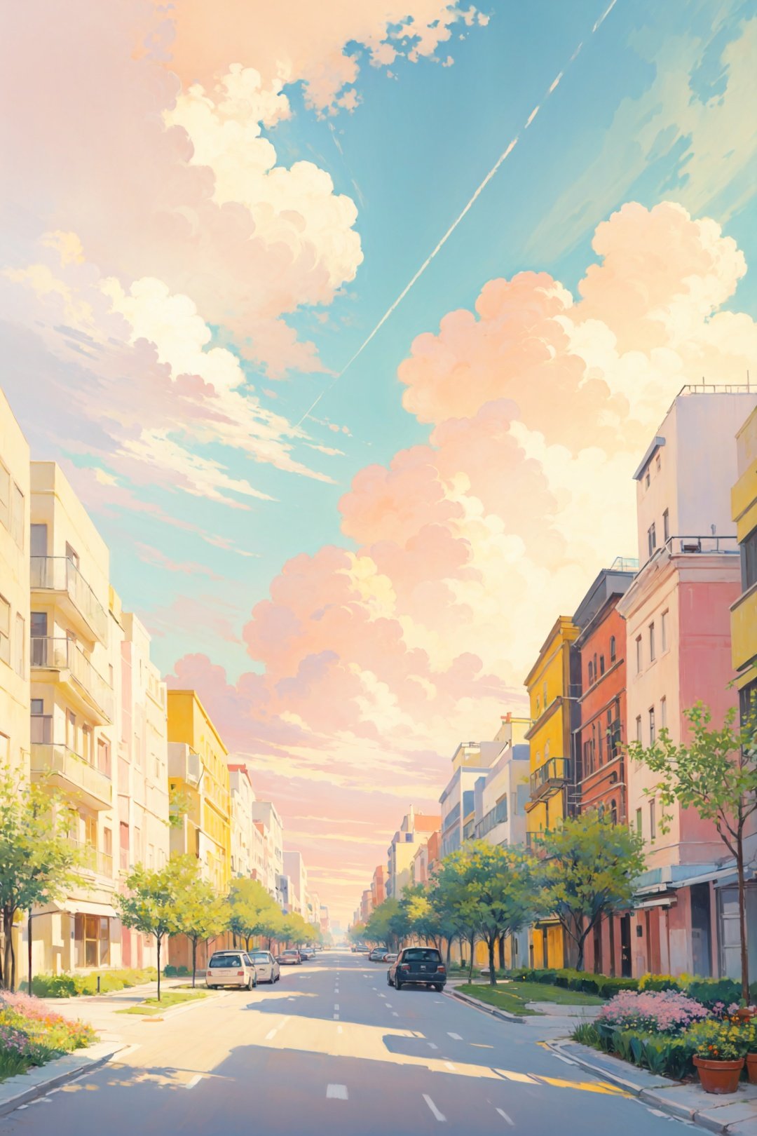  oil painting,cityscape, buildings, streets,sunshine, flowers, green plants,((pink sky)),((clouds)),
