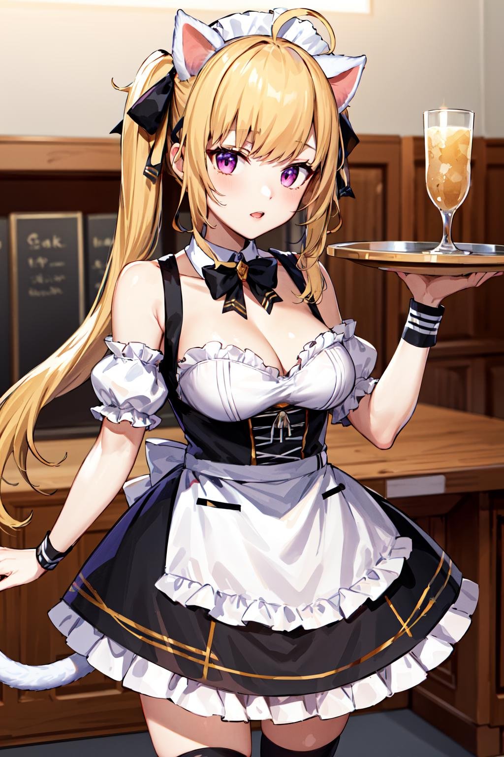 masterpiece, best quality, highres, hmtr, twintails, ahoge, maid headdress, animal ears, hair ribbon, black ribbon, cat tail, cleavage, black bowtie, maid, black dress, short sleeves, detached sleeves, bare shoulders, wrist cuffs, white apron, black thighhighs, <lora:takamiya_rion_v1:0.7>, holding tray,