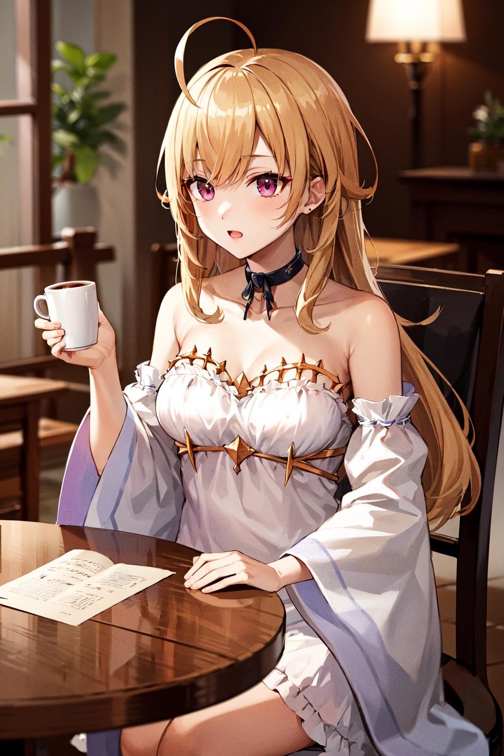 masterpiece, best quality, highres, hmtr, long hair, ahoge, collarbone, choker, white dress, bare shoulders, strapless dress, medium breasts, wide sleeves, long sleeves, <lora:takamiya_rion_v1:0.7>, indoors, table, chair, coffee, holding cup.