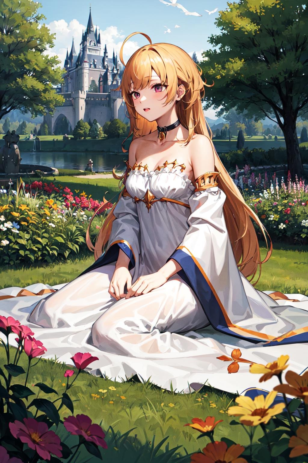 masterpiece, best quality, highres, hmtr, long hair, ahoge, collarbone, choker, white dress, bare shoulders, strapless dress, medium breasts, wide sleeves, long sleeves, <lora:takamiya_rion_v1:0.7>, garden, castle, looking to the side, 