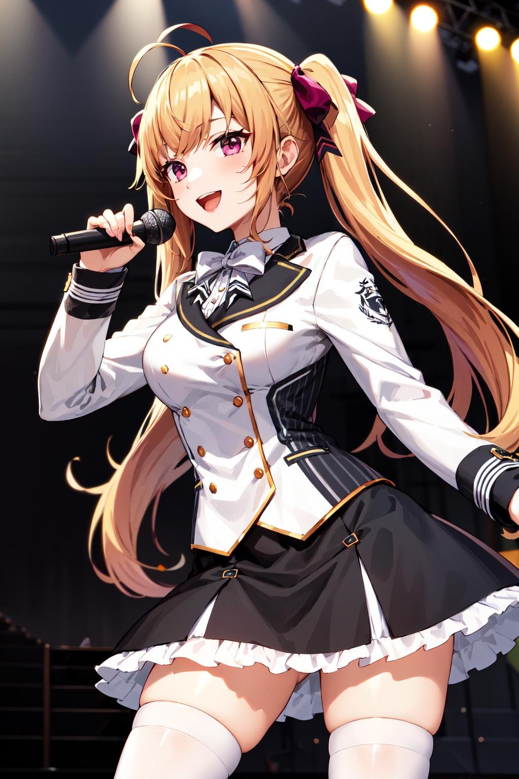 masterpiece, best quality, highres, hmtr, twintails, ahoge, hair bow, red bow, collared shirt, white jacket, white bow, long sleeves, frills, medium breasts, black skirt, white thighhighs, <lora:takamiya_rion_v1:0.7>, standing, cowboy shot, holding microphone, stage, smile, open mouth, 