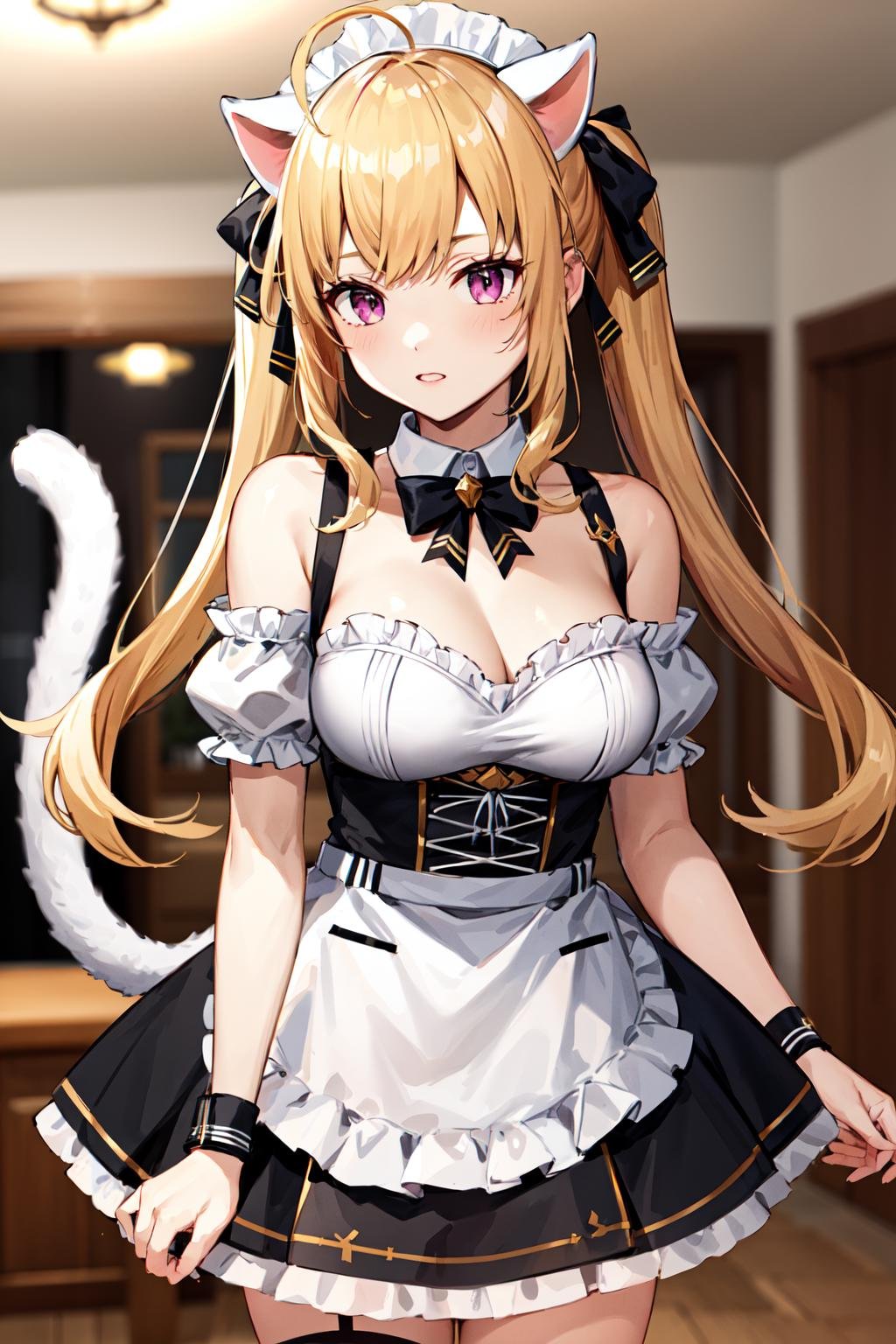 masterpiece, best quality, highres, hmtr, twintails, ahoge, maid headdress, animal ears, hair ribbon, black ribbon, cat tail, cleavage, black bowtie, maid, black dress, short sleeves, detached sleeves, bare shoulders, wrist cuffs, white apron, black thighhighs, <lora:takamiya_rion_v1:0.7>, standing, indoors, cowboy shot, arms at sides, straight-on, 