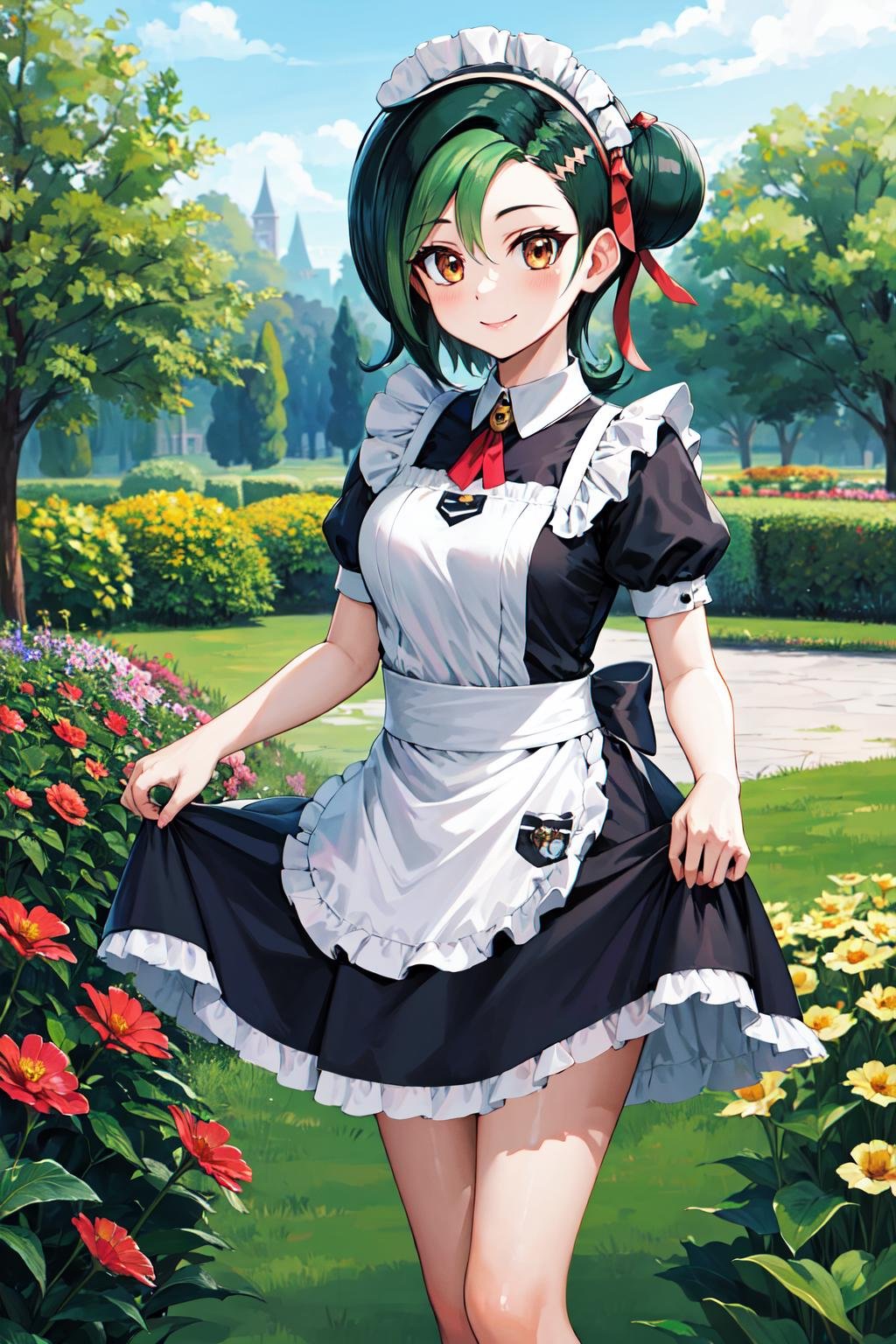 masterpiece, best quality, highres, hmkotori, short hair, multicolored hair, single hair bun, hair ribbon, maid, maid headdress, short sleeves, <lora:mizuki_kotori_v1:0.7>, garden, skirt hold, smile