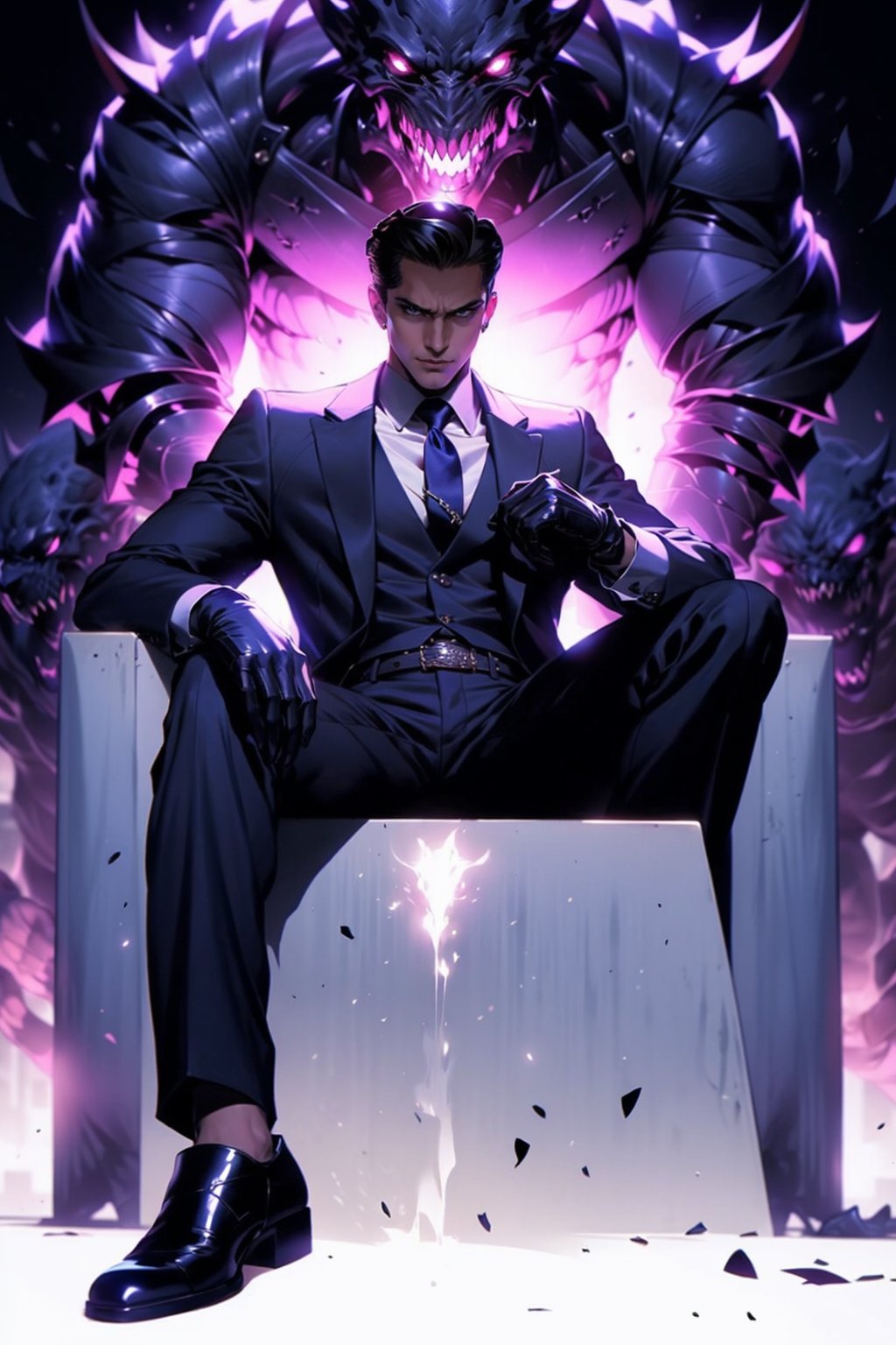 EpicGhost,  solo,  looking at viewer,  short hair,  black hair,  gloves,  1boy,  sitting,  jacket,  full body,  male focus,  necktie,  shoes,  belt,  pants,  black footwear,  vest,  chair,  formal,  suit,  glowing eyes,  monster,  hair slicked back,  throne, <lora:EMS-58131-EMS:0.800000>