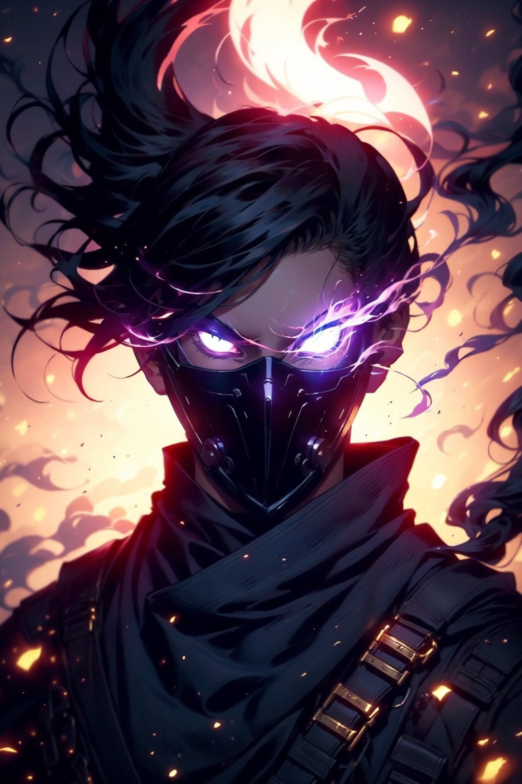 EpicGhost,  solo,  looking at viewer,  1boy,  upper body,  male focus,  mask,  floating hair,  glowing,  fire,  portrait,  glowing eyes,  smoke,  mouth mask,  covered mouth,  glowing eye,  purple theme,  embers,  fiery hair, <lora:EMS-58131-EMS:0.800000>