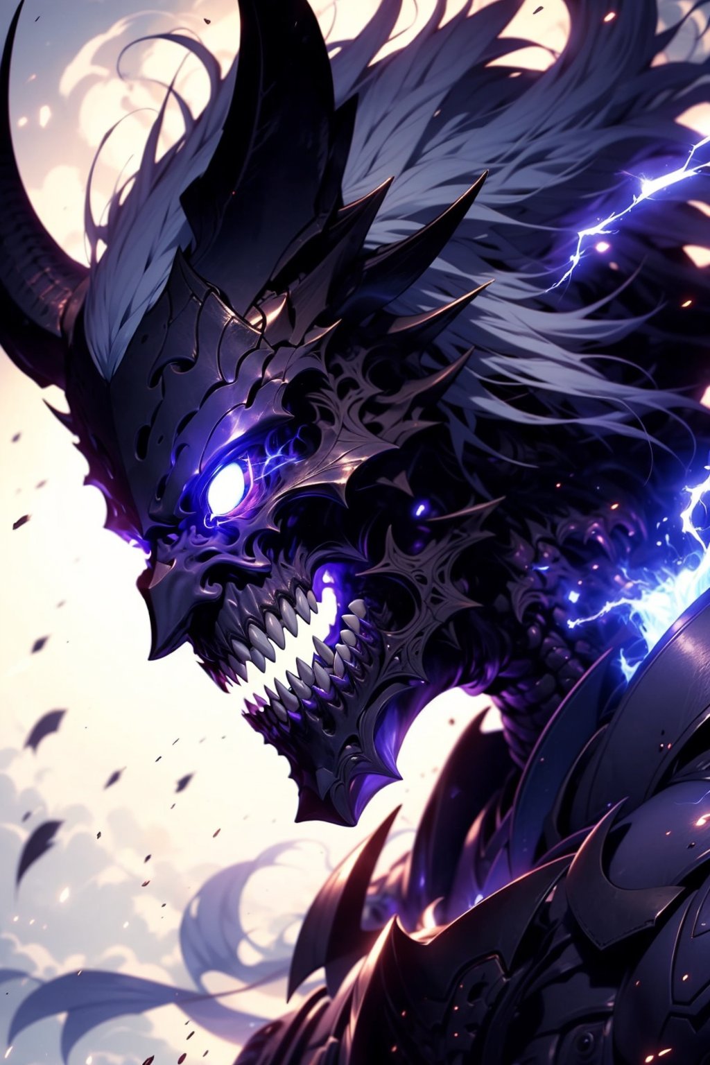 EpicGhost,  solo,  long hair,  1boy,  white background,  purple eyes,  upper body,  male focus,  horns,  teeth,  armor,  from side,  glowing,  sharp teeth,  glowing eyes,  electricity,  glowing eye,  black armor, <lora:EMS-58131-EMS:0.800000>