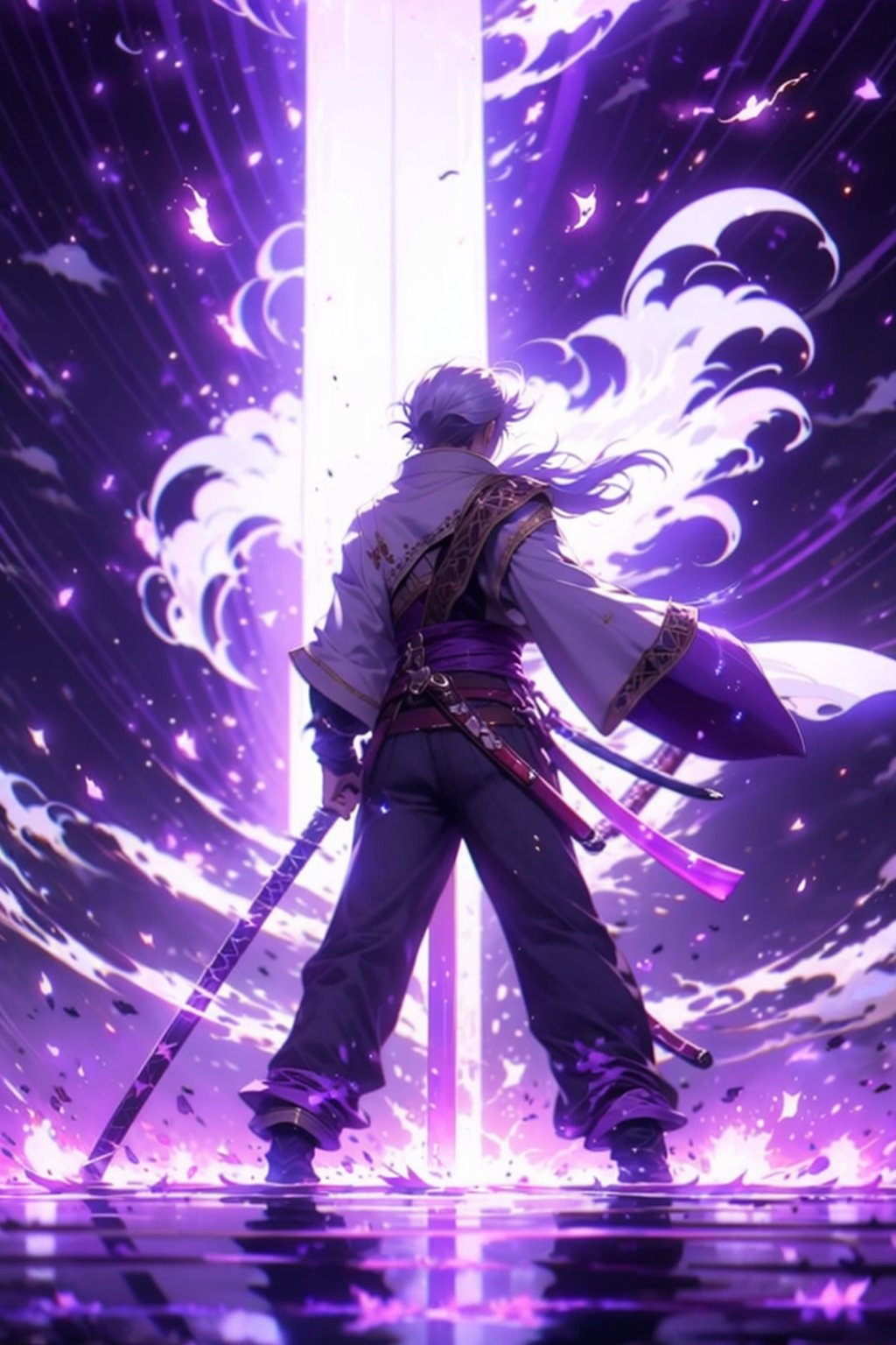 EpicGhost,  solo,  gloves,  long sleeves,  1boy,  holding,  standing,  ponytail,  weapon,  white hair,  male focus,  japanese clothes,  pants,  sword,  wide sleeves,  water,  from behind,  holding weapon,  glowing,  holding sword,  katana,  facing away,  purple theme,  glowing weapon, <lora:EMS-58131-EMS:0.800000>