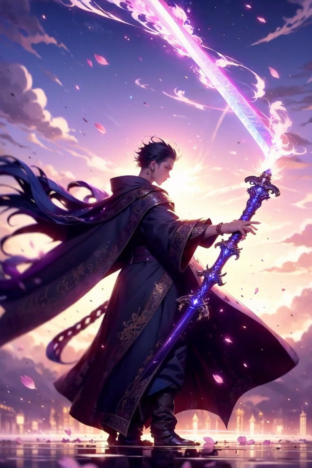 EpicGhost,  solo,  short hair,  black hair,  long sleeves,  1boy,  holding,  jewelry,  standing,  weapon,  braid,  male focus,  earrings,  sky,  sword,  cloud,  wide sleeves,  water,  holding weapon,  from side,  coat,  petals,  profile,  glowing,  letterboxed,  wind,  light particles,  robe,  glowing weapon,  glowing sword, <lora:EMS-58131-EMS:0.800000>