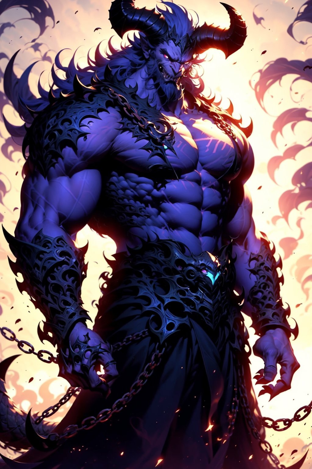 EpicGhost,  solo,  long hair,  looking at viewer,  1boy,  nipples,  male focus,  horns,  stomach,  muscular,  feet out of frame,  glowing,  chain,  abs,  pectorals,  muscular male,  demon horns,  bara,  glowing eyes,  large pectorals,  topless male,  mature male,  demon boy,  dragon boy, <lora:EMS-58131-EMS:0.800000>