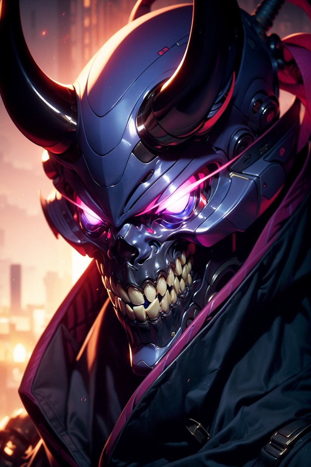 EpicGhost,  solo,  1boy,  male focus,  horns,  teeth,  pink eyes,  mask,  glowing,  helmet,  robot,  sharp teeth,  portrait,  glowing eyes,  science fiction,  glowing eye, <lora:EMS-58131-EMS:0.800000>