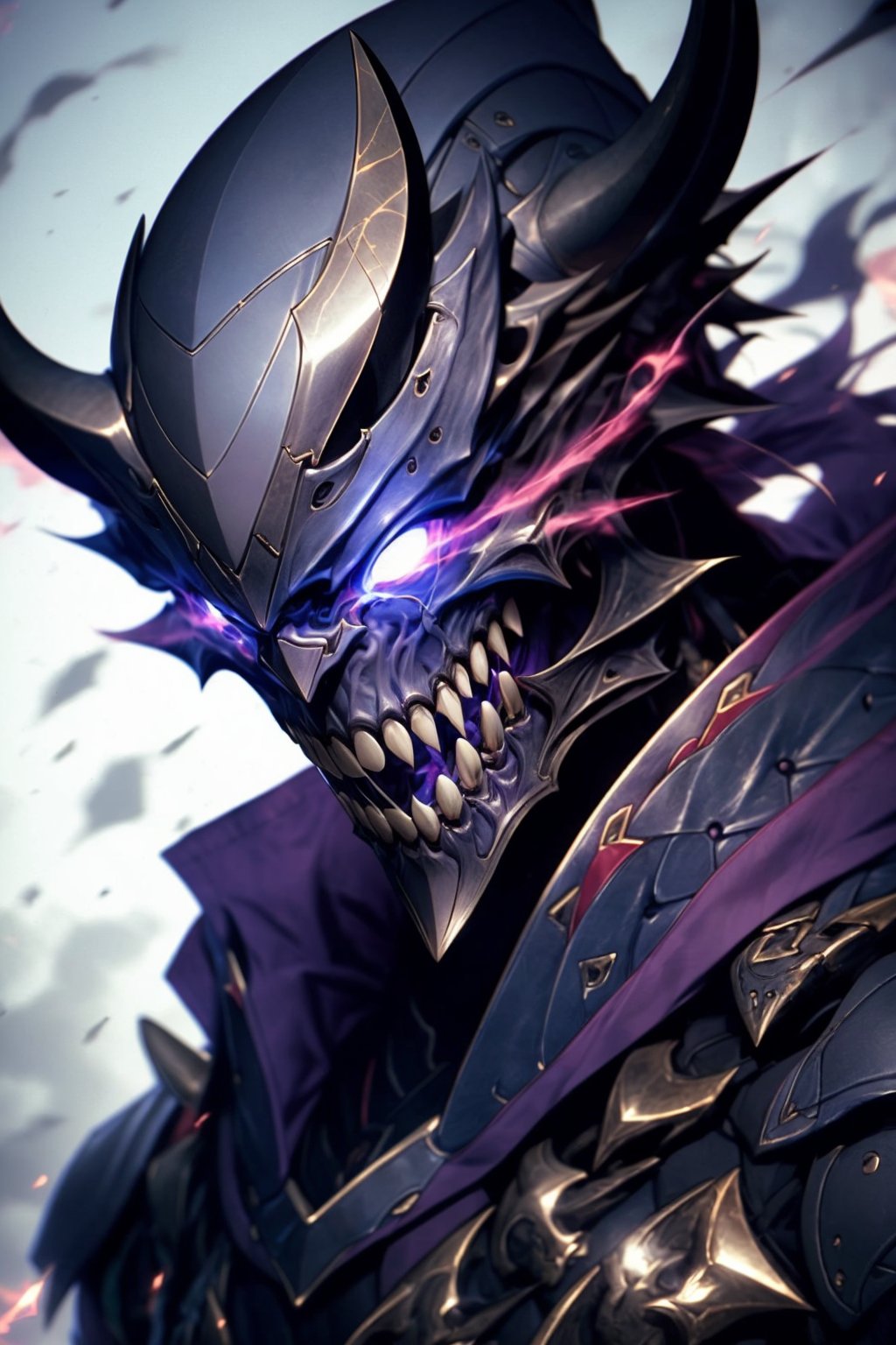 EpicGhost,  solo,  looking at viewer,  open mouth,  1boy,  purple eyes,  upper body,  male focus,  horns,  teeth,  armor,  glowing,  helmet,  sharp teeth,  portrait,  glowing eyes,  electricity,  glowing eye,  full armor,  black armor, <lora:EMS-58131-EMS:0.800000>