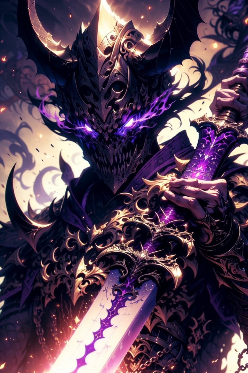 EpicGhost,  solo,  looking at viewer,  1boy,  holding,  purple eyes,  weapon,  male focus,  horns,  sword,  holding weapon,  armor,  glowing,  chain,  holding sword,  helmet,  shoulder armor,  glowing eyes,  dragon,  purple theme,  full armor,  black armor, <lora:EMS-58131-EMS:0.800000>