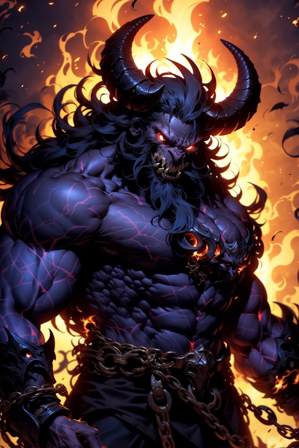 EpicGhost,  solo,  long hair,  looking at viewer,  black hair,  red eyes,  1boy,  male focus,  horns,  teeth,  muscular,  glowing,  colored skin,  facial hair,  chain,  fire,  glowing eyes,  beard,  demon, <lora:EMS-58131-EMS:0.800000>