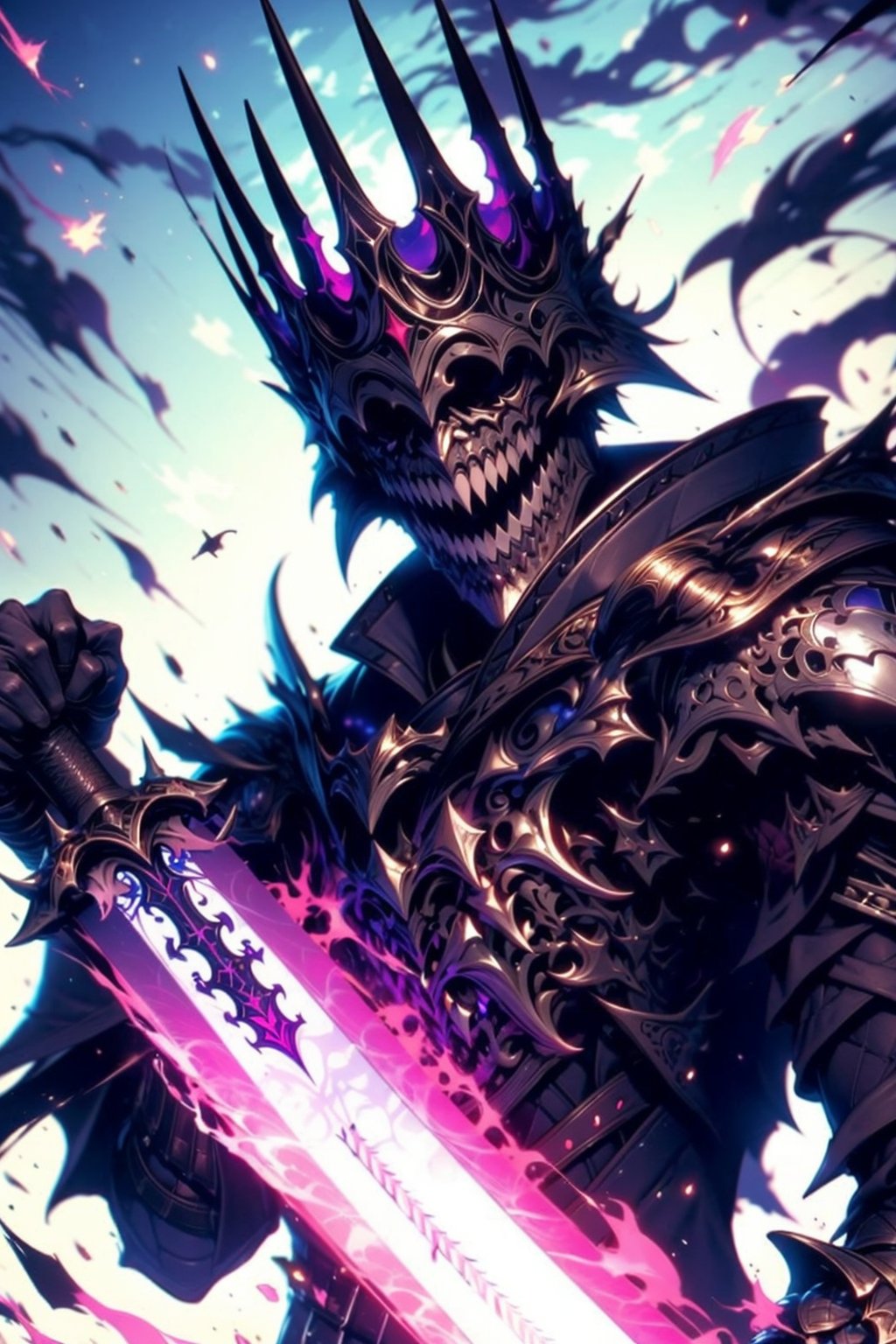EpicGhost,  solo,  open mouth,  1boy,  holding,  weapon,  male focus,  teeth,  sword,  holding weapon,  armor,  glowing,  holding sword,  helmet,  crown,  sharp teeth,  shoulder armor,  gauntlets,  pauldrons,  glowing weapon,  black armor, <lora:EMS-58131-EMS:0.800000>