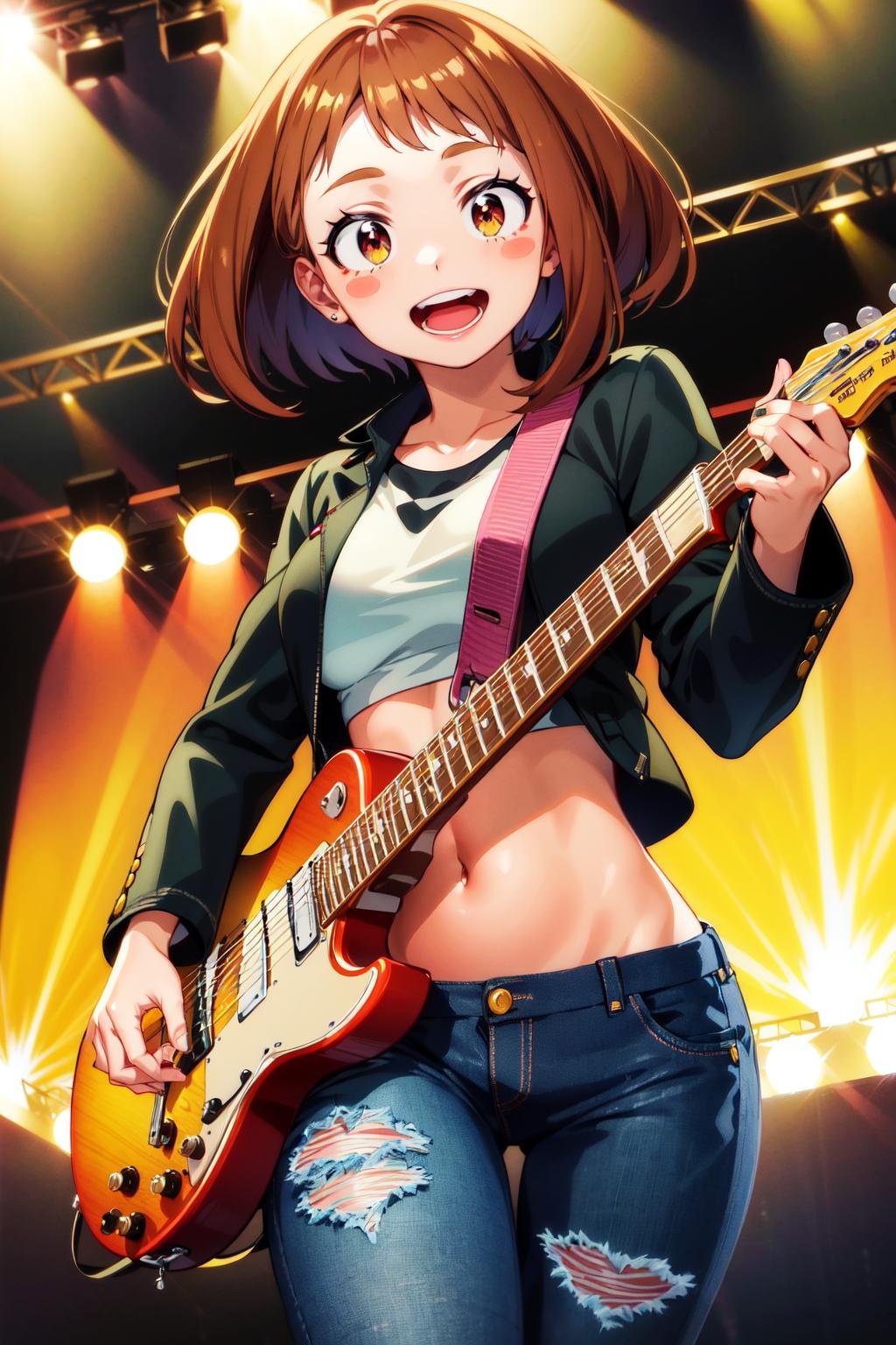 masterpiece, best quality, highres, hmochako, blush stickers, short hair, medium breasts, <lora:uraraka_ochako_v1:0.7>, black jacket, long sleeves, crop top, navel, torn jeans, singing, open mouth, smile, stage, holding instrument, guitar