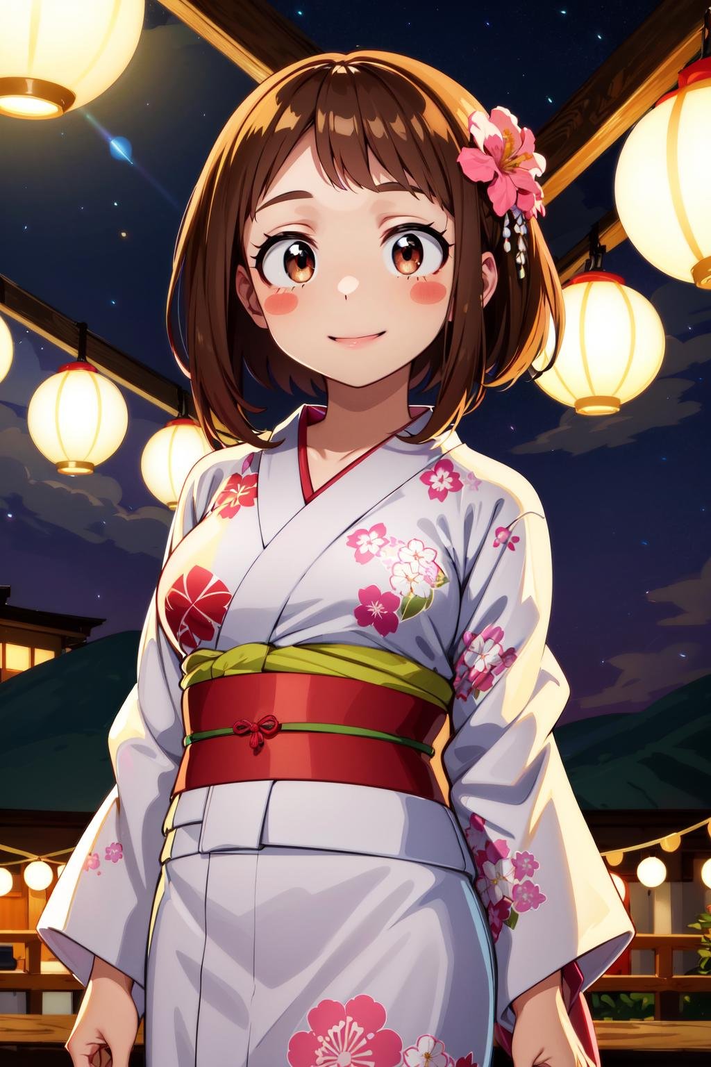 masterpiece, best quality, highres, hmochako, blush stickers, short hair, medium breasts, <lora:uraraka_ochako_v1:0.8>, kimono, yukata, hair flower, outdoors, night, floral print,  summer festival, smile,