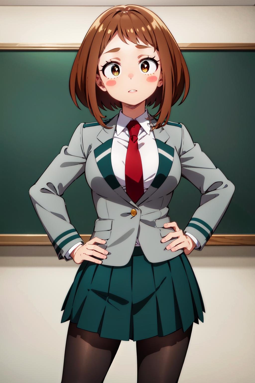 masterpiece, best quality, highres, hmochako, blush stickers, short hair, medium breasts. school uniform, green skirt, pleated skirt, red necktie, black pantyhose, white shirt, long sleeves, grey jacket, <lora:uraraka_ochako_v1:0.8>, hand on hip, 