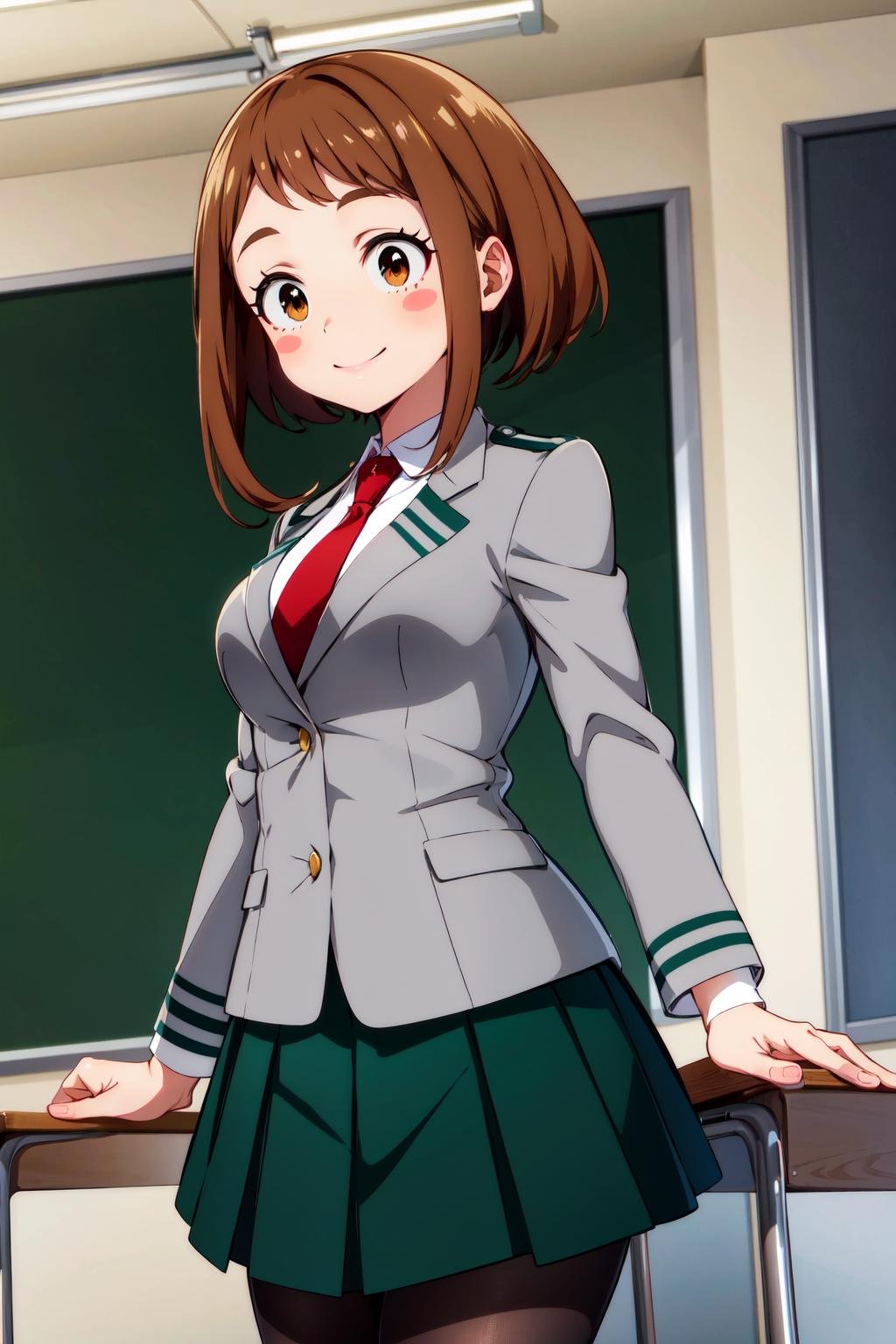 masterpiece, best quality, highres, hmochako, blush stickers, short hair, medium breasts. school uniform, green skirt, pleated skirt, red necktie, black pantyhose, white shirt, long sleeves, grey jacket, <lora:uraraka_ochako_v1:0.8>, cowboy shot, standing, classroom, arms at sides, straight-on, smile