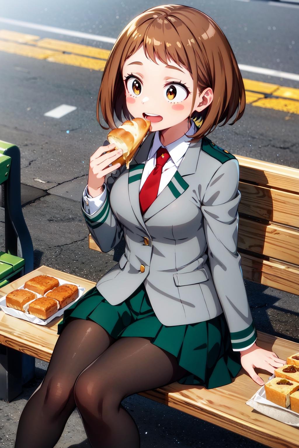 masterpiece, best quality, highres, hmochako, blush stickers, short hair, medium breasts. school uniform, green skirt, pleated skirt, red necktie, black pantyhose, white shirt, long sleeves, grey jacket, <lora:uraraka_ochako_v1:0.8>, street, bench, bread, eating, smile, open mouth, sitting