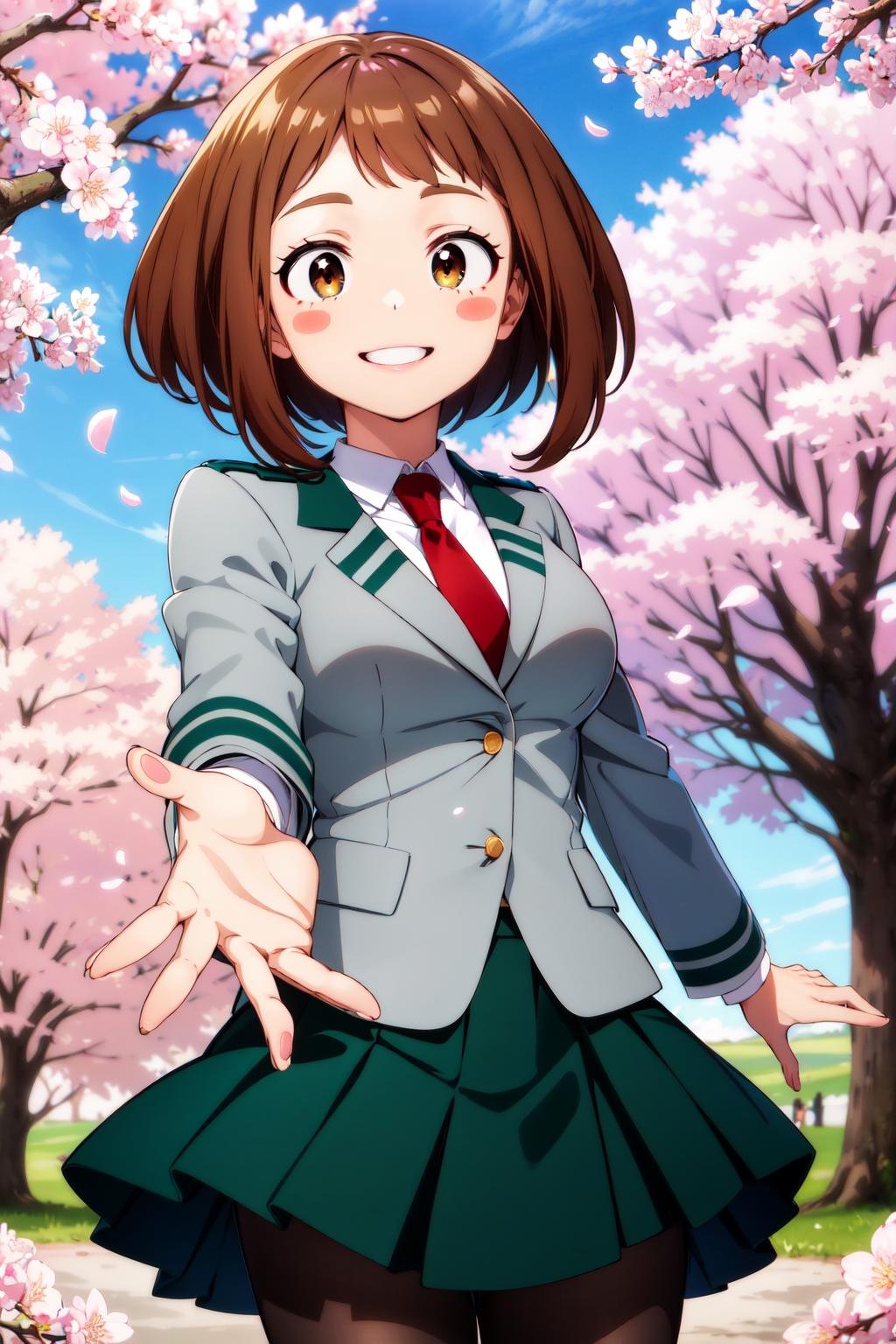 masterpiece, best quality, highres, hmochako, blush stickers, short hair, medium breasts. school uniform, green skirt, pleated skirt, red necktie, black pantyhose, white shirt, long sleeves, grey jacket, <lora:uraraka_ochako_v1:0.8>, reaching out, smile, cherry blossoms, outdoors, cowboy shot, 