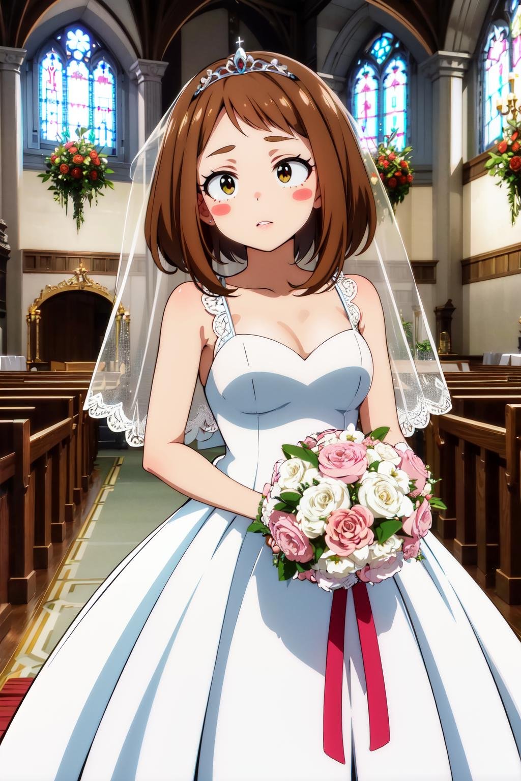 masterpiece, best quality, highres, hmochako, blush stickers, short hair, medium breasts, <lora:uraraka_ochako_v1:0.7>, wedding dress, holding bouquet, church, tiara, bridal veil, 