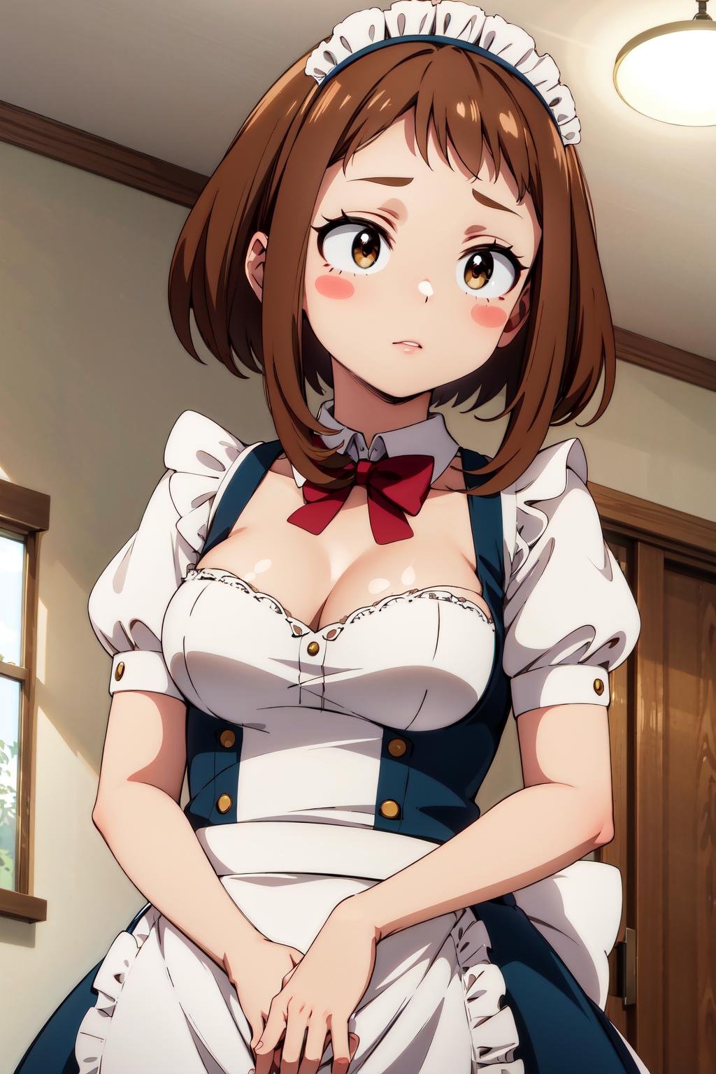 masterpiece, best quality, highres, hmochako, blush stickers, short hair, medium breasts, <lora:uraraka_ochako_v1:0.8>, maid, maid headdress, apron, bowtie, straight-on, indoors