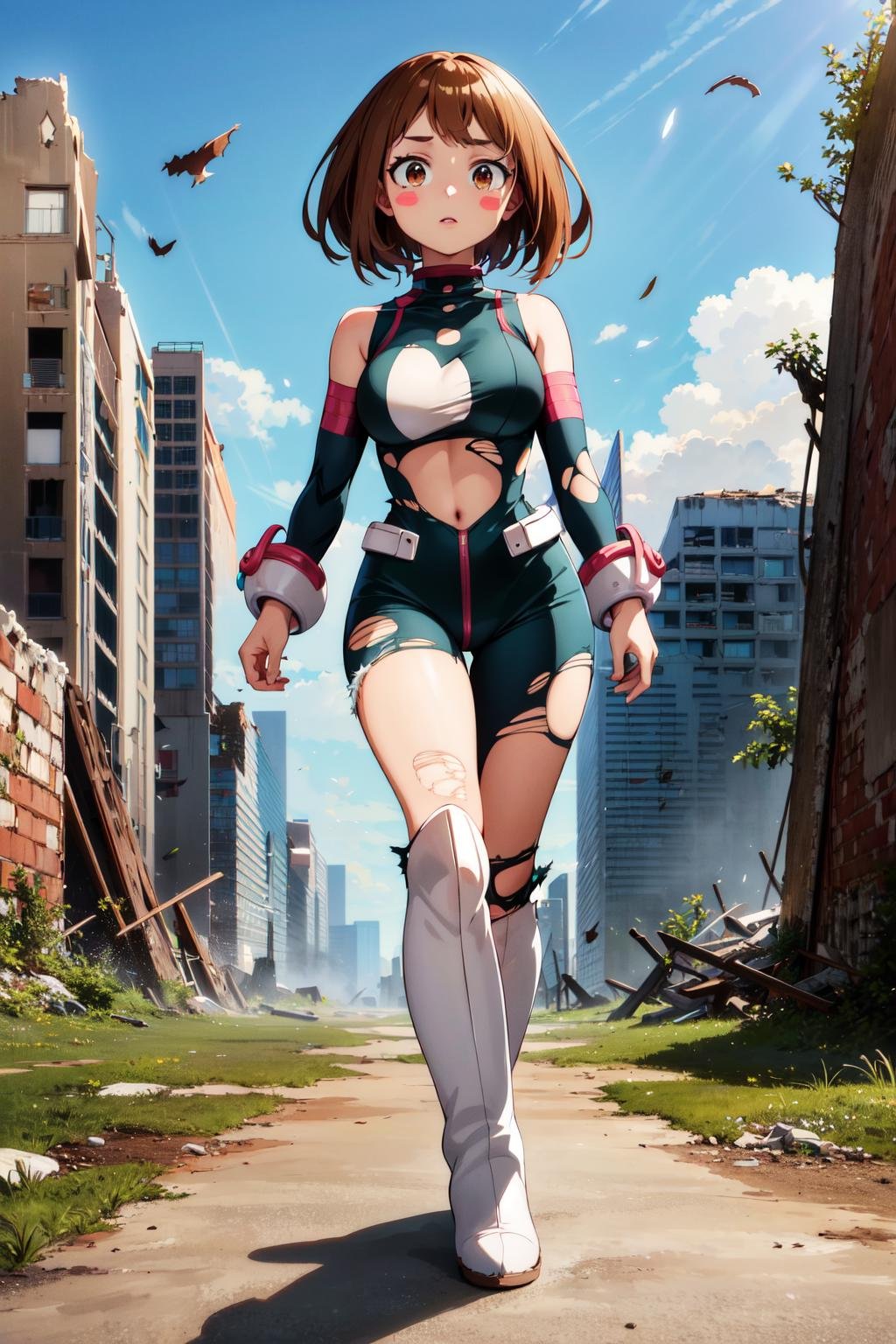 masterpiece, best quality, highres, hmochako, blush stickers, short hair, medium breasts, superhero, bodysuit, boots, <lora:uraraka_ochako_v1:0.8>, ruins, building, (torn clothes:1.2), walking, cowboy shot,