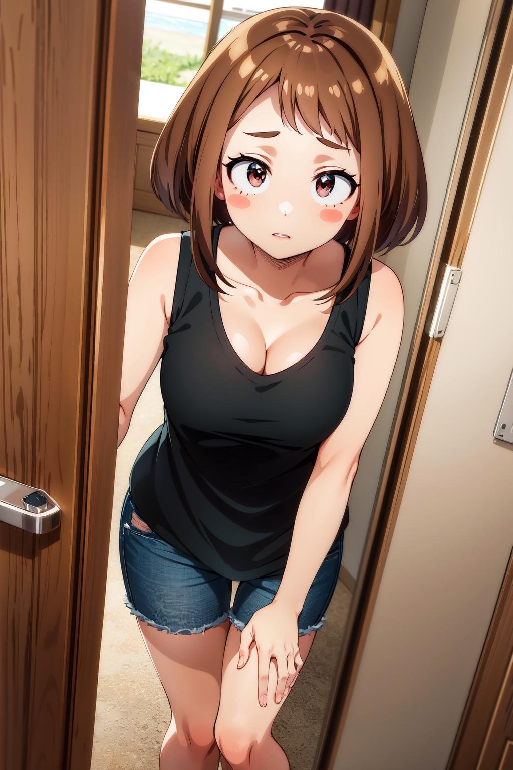 masterpiece, best quality, highres, hmochako, blush stickers, short hair, medium breasts. cleavage, collarbone, black shirt, sleeveless, <lora:uraraka_ochako_v1:0.8>, standing, sliding doors, 