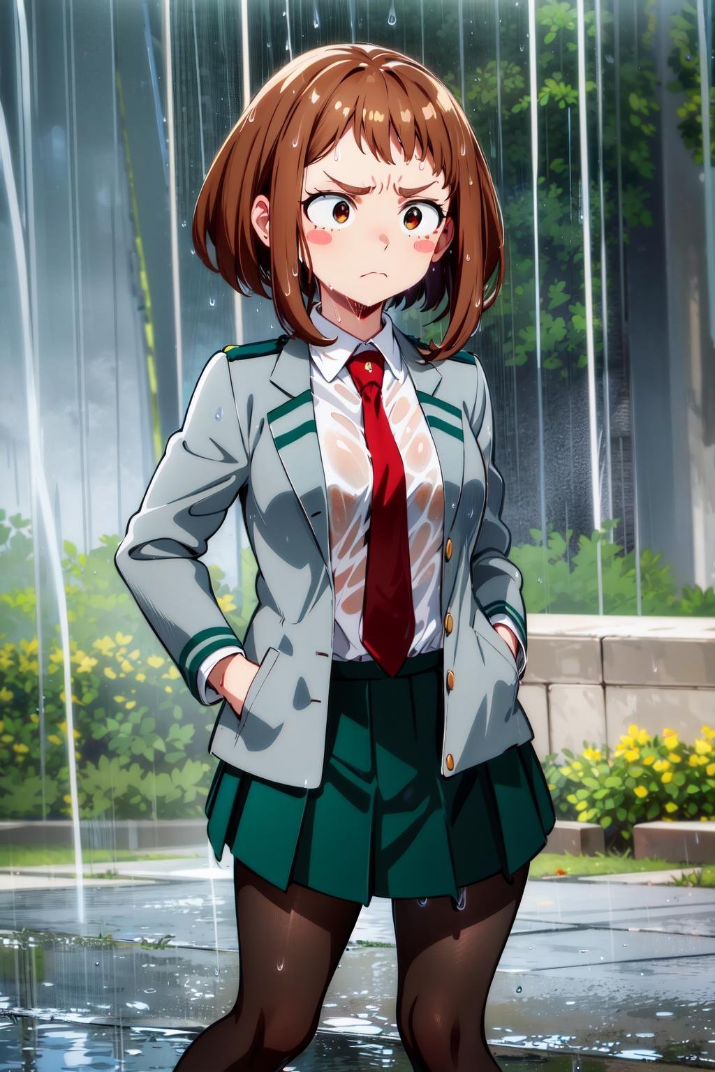 masterpiece, best quality, highres, hmochako, blush stickers, short hair, medium breasts. school uniform, green skirt, pleated skirt, red necktie, black pantyhose, white shirt, long sleeves, grey jacket, <lora:uraraka_ochako_v1:0.8>, (rain:1.3), frown, hands in pockets, 