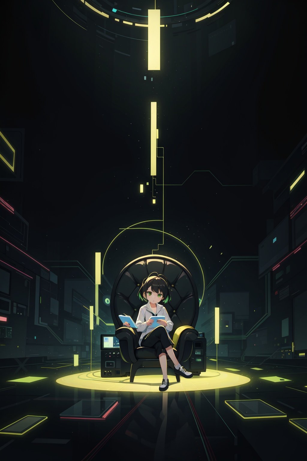 masterpiece,best quality,high contrast,picture of a woman sitting on a throne,soft light,sharp focus,woman,black hair,green eyes,lighting,detail,Glitch art,data,stream,cyberspace,database,computer,internet,holographic skin,Hierarchical proportion,hacker theme,dynamic pose,dynamic angle,cyberspace background,glitch background,