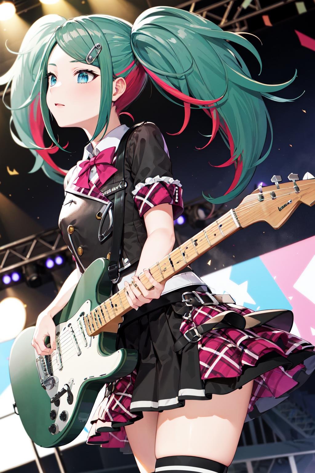 masterpiece, best quality, highres, leomiku, black shirt, <lora:hatsune_miku_(project_sekai)_v1:0.9>, stage, standing, cowboy shot, 