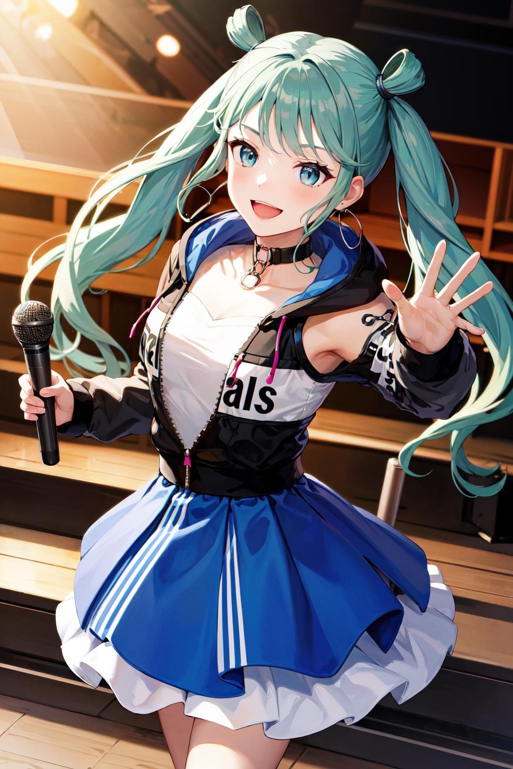 masterpiece, best quality, highres, vivimiku, blue skirt, <lora:hatsune_miku_(project_sekai)_v1:0.9>, stage, holding microphone, singing, smile, reaching out, 