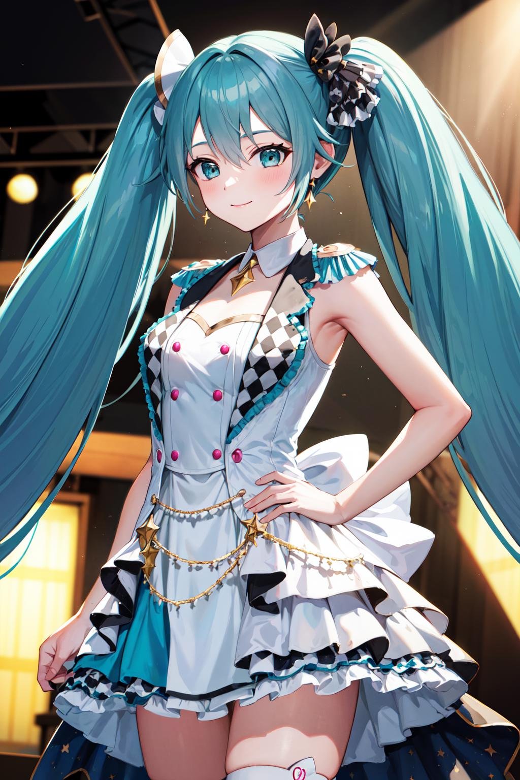 masterpiece, best quality, highres, momomiku, epaulettes, <lora:hatsune_miku_(project_sekai)_v1:0.9>, cowboy shot, stage, standing, smile, arms at sides, 