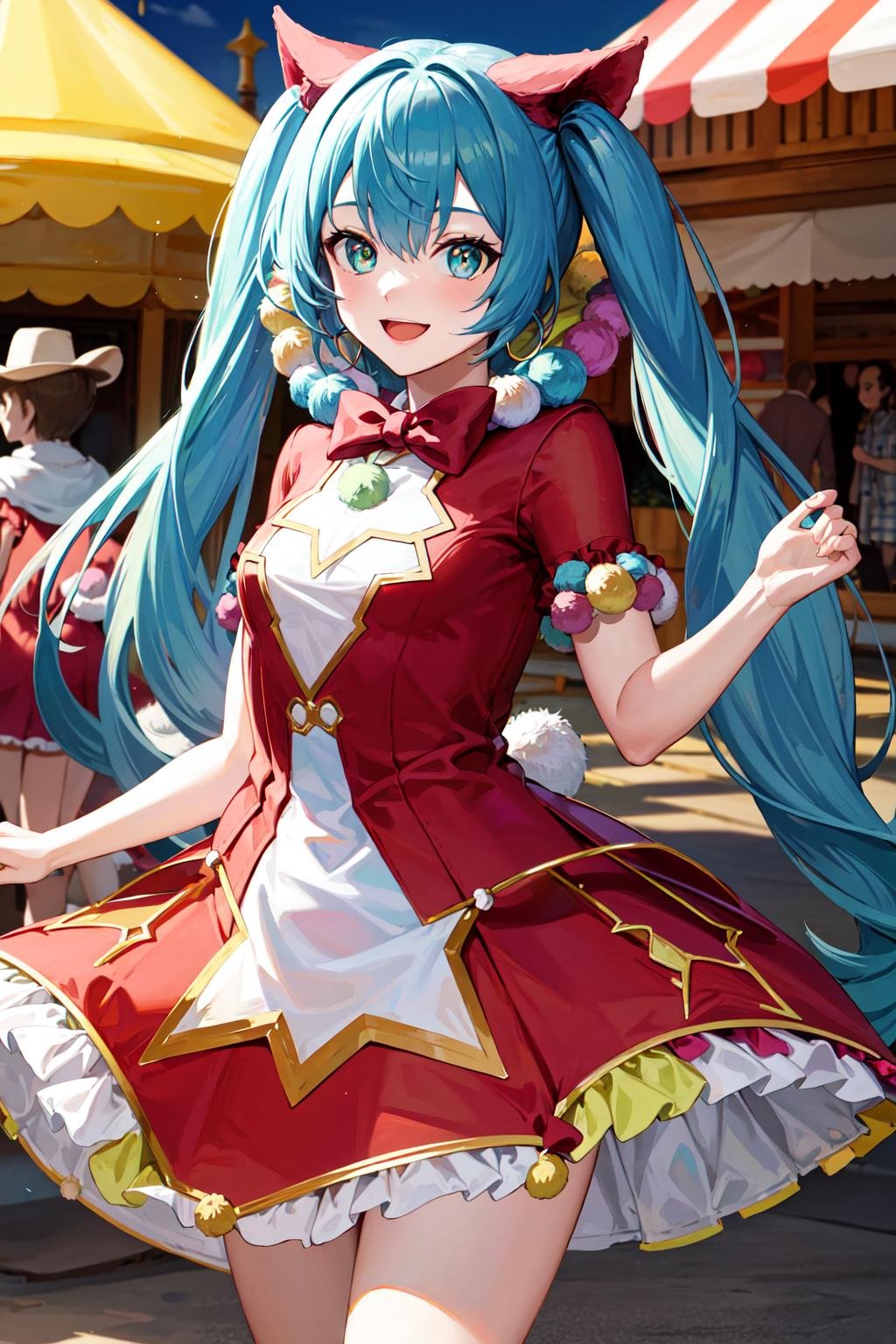 masterpiece, best quality, highres, wondermiku, red dress, <lora:hatsune_miku_(project_sekai)_v1:0.9>, amusement park, cowboy shot, standing, smile,