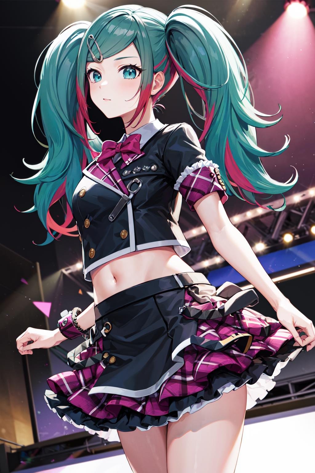 masterpiece, best quality, highres, leomiku, black shirt, <lora:hatsune_miku_(project_sekai)_v1:0.9>, stage, standing, cowboy shot, 